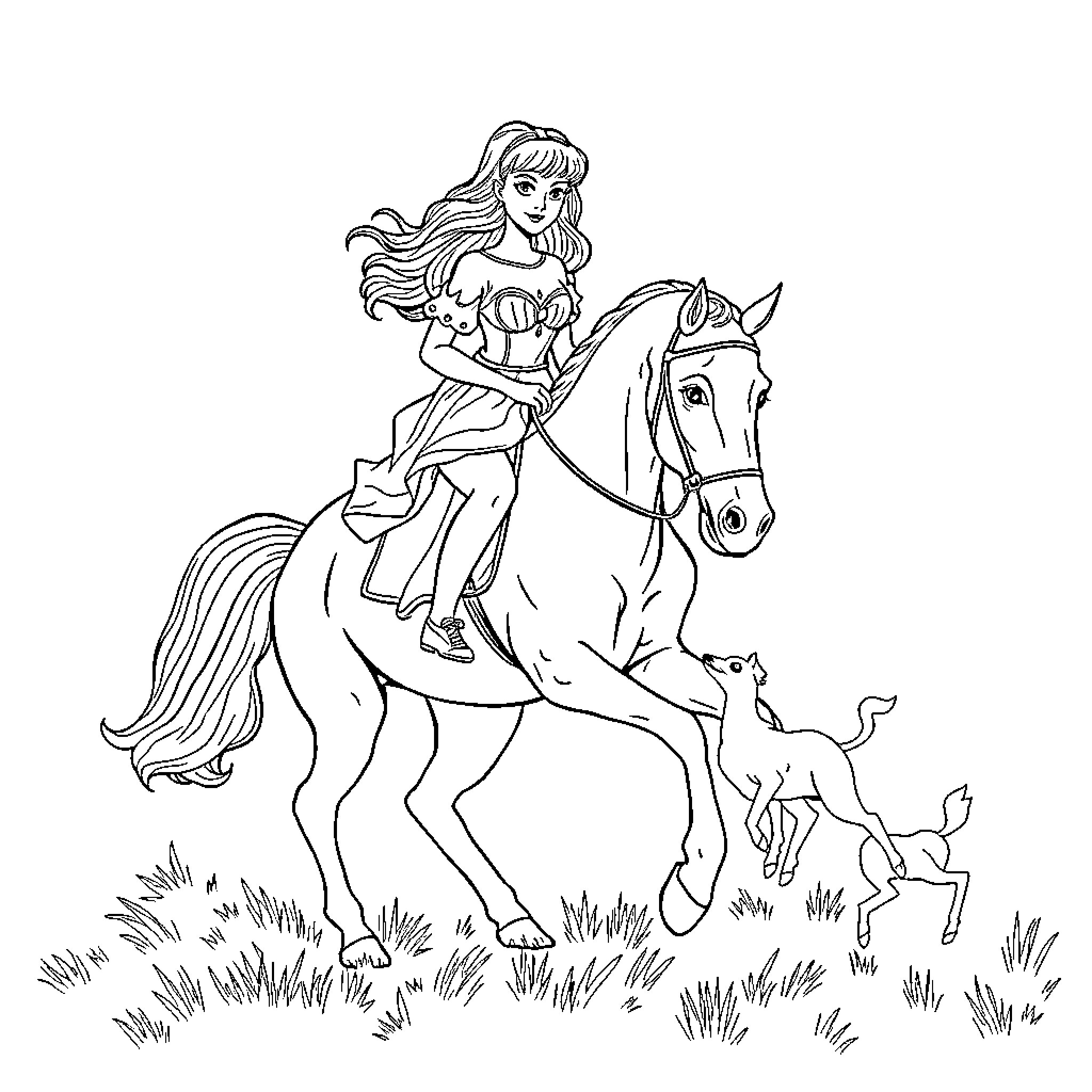 Snow White riding a majestic horse through the enchanted forest Coloring Page (free black-and-white line drawing printable PDF for all, from beginners to advanced learners, including children, teens, adults, and seniors)
