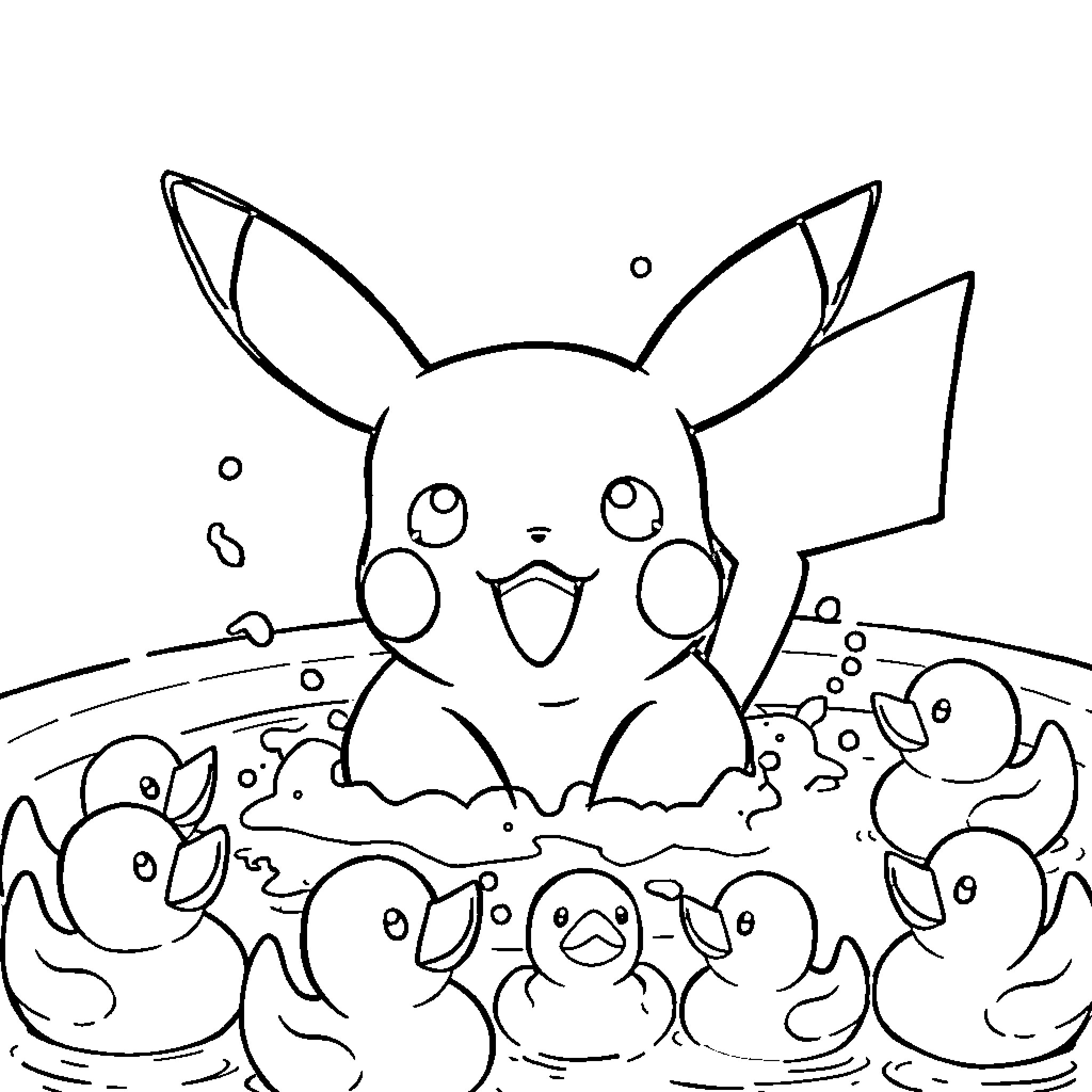 Pikachu surrounded by cute creatures in water Coloring Page (free black-and-white line drawing printable PDF for all, from beginners to advanced learners, including children, teens, adults, and seniors)