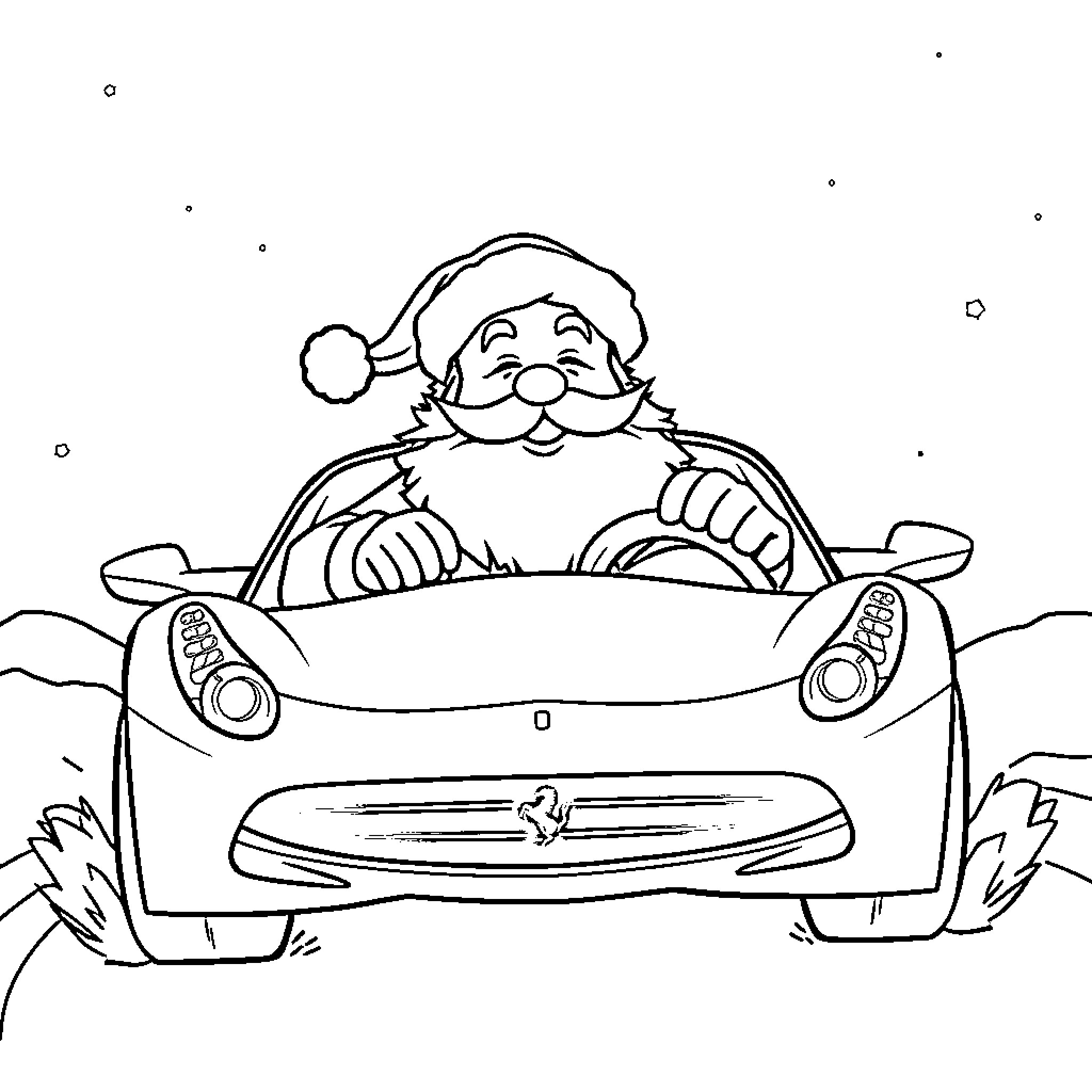 Santa driving a sports car in a winter scene Coloring Page (free black-and-white line drawing printable PDF for all, from beginners to advanced learners, including children, teens, adults, and seniors)