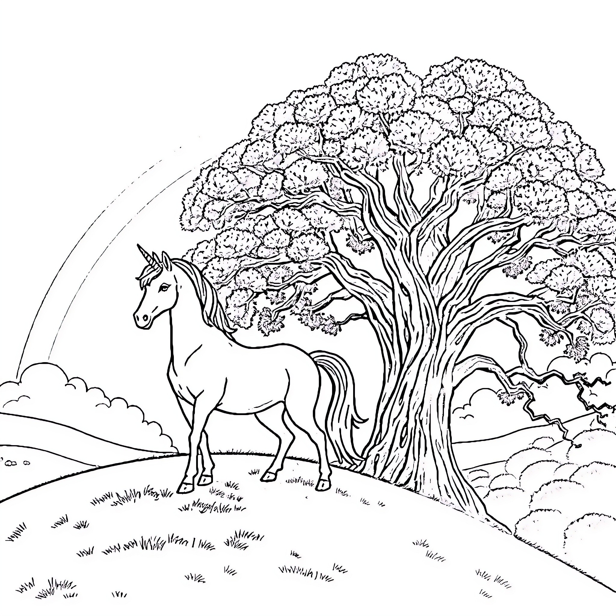 Unicorn in enchanted forest landscape Coloring Page (free black-and-white line drawing printable PDF for all, from beginners to advanced learners, including children, teens, adults, and seniors)