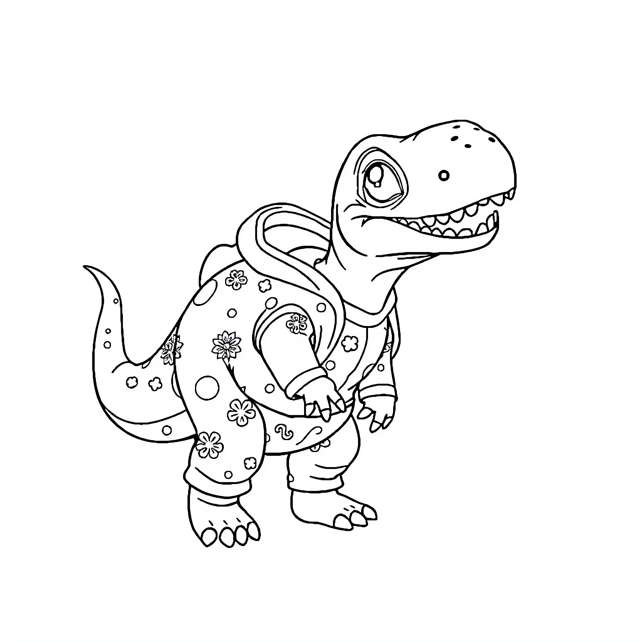 Dinosaur wearing patterned outfit and expressing excitement Coloring Page (free black-and-white line drawing printable PDF for all, from beginners to advanced learners, including children, teens, adults, and seniors)