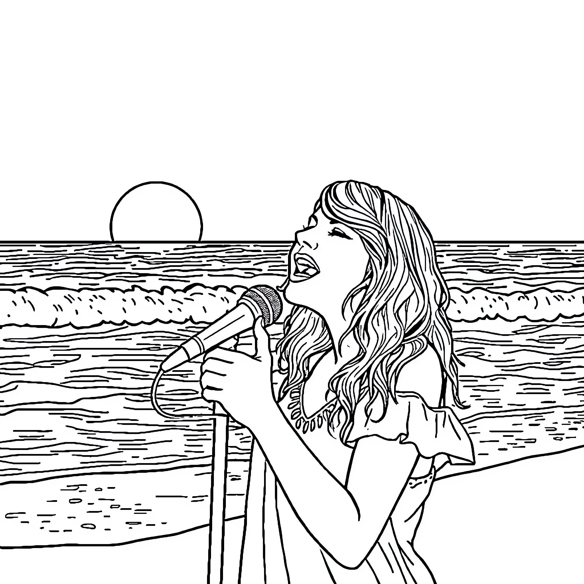 Taylor Swift performing on a beach at sunset Coloring Page (free black-and-white line drawing printable PDF for all, from beginners to advanced learners, including children, teens, adults, and seniors)