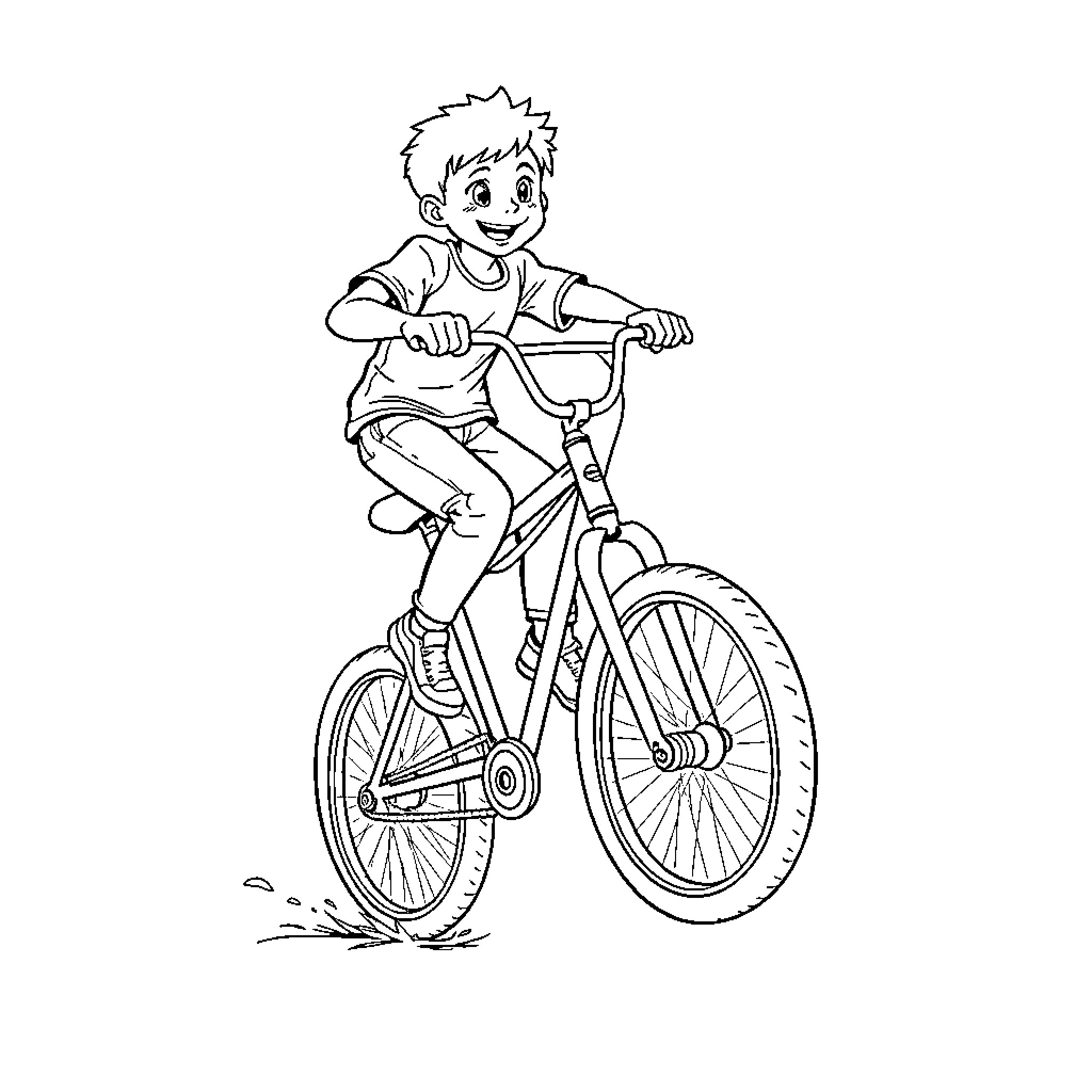 Boy riding bicycle with excitement Coloring Page (free black-and-white line drawing printable PDF for all, from beginners to advanced learners, including children, teens, adults, and seniors)