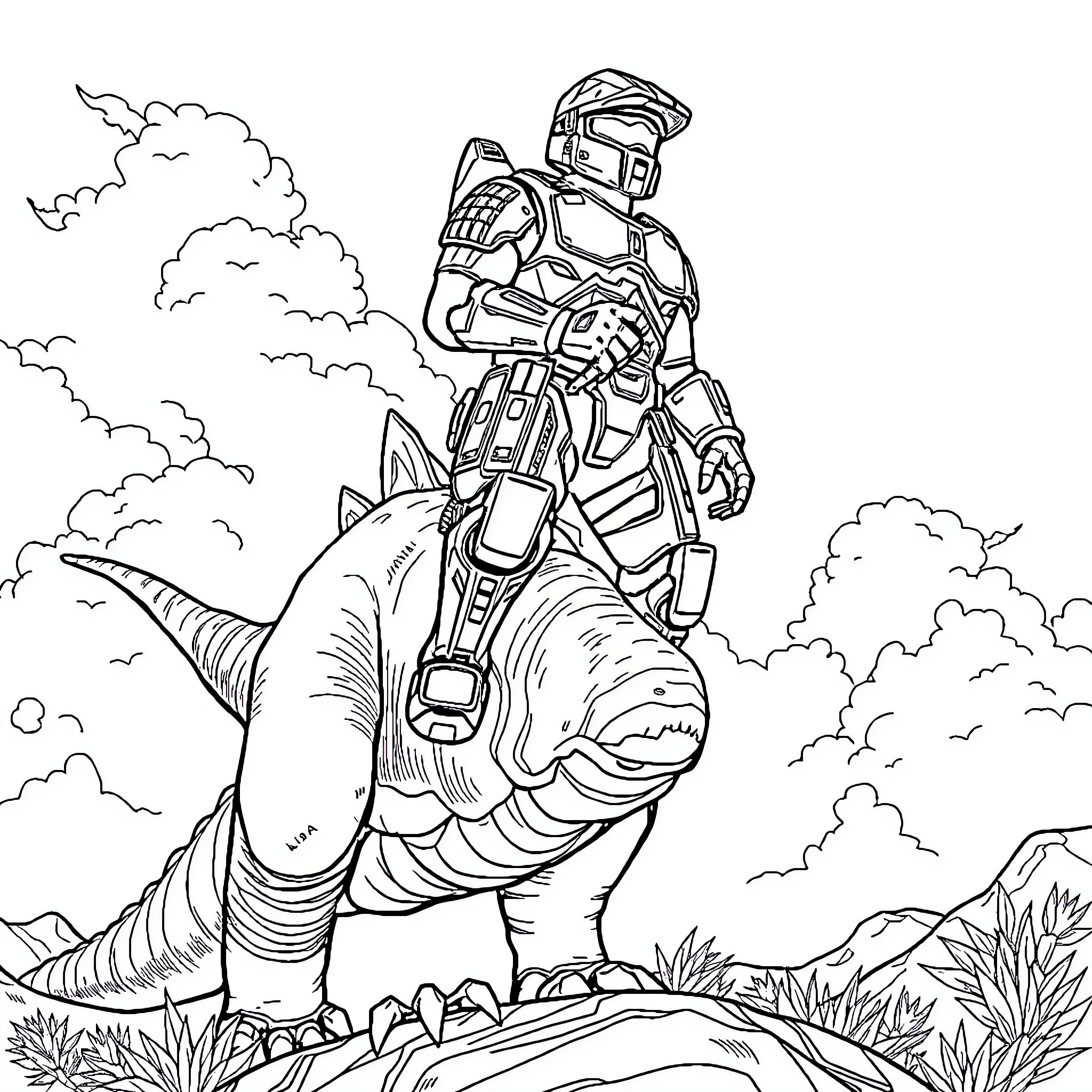 Halo Spartan riding a ferocious alien beast Coloring Page (free black-and-white line drawing printable PDF for all, from beginners to advanced learners, including children, teens, adults, and seniors)