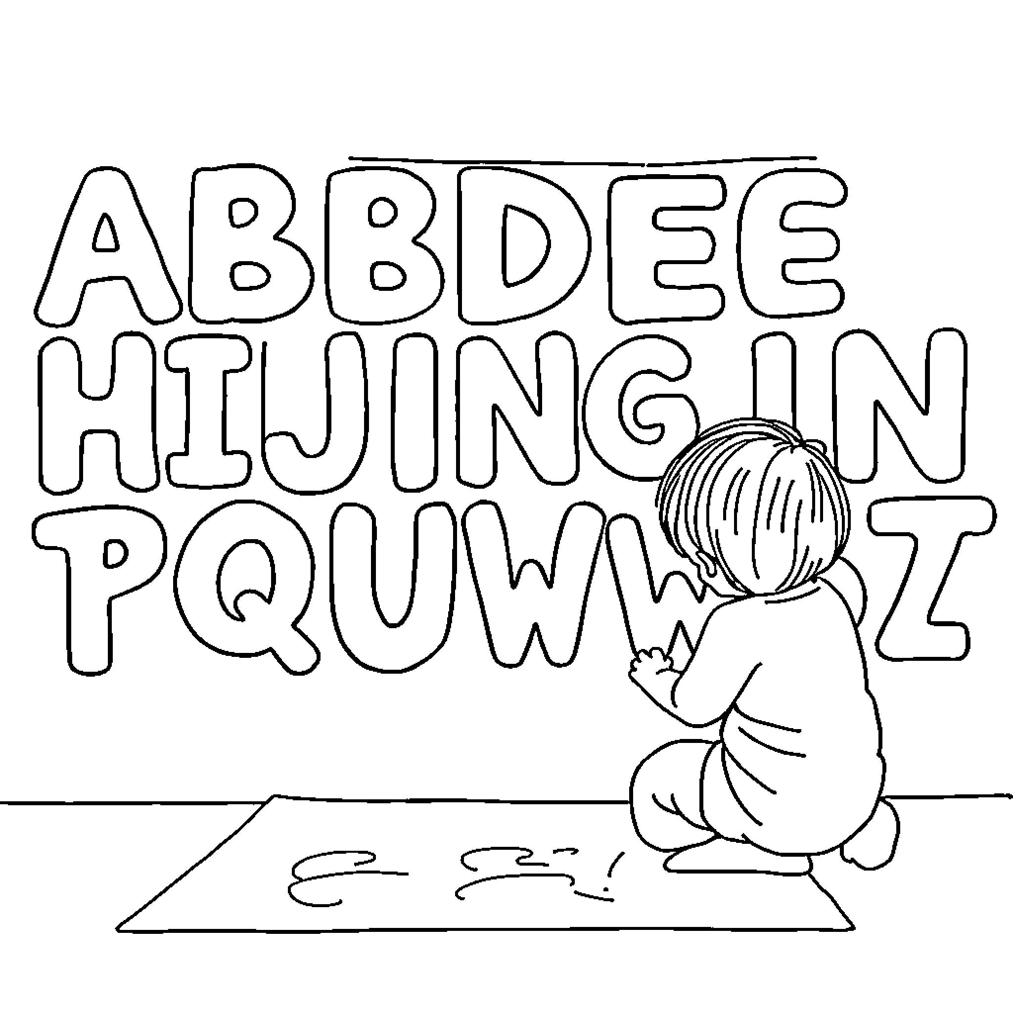 Alphabet Letters Discovered by a Child Coloring Page (free black-and-white line drawing printable PDF for all, from beginners to advanced learners, including children, teens, adults, and seniors)