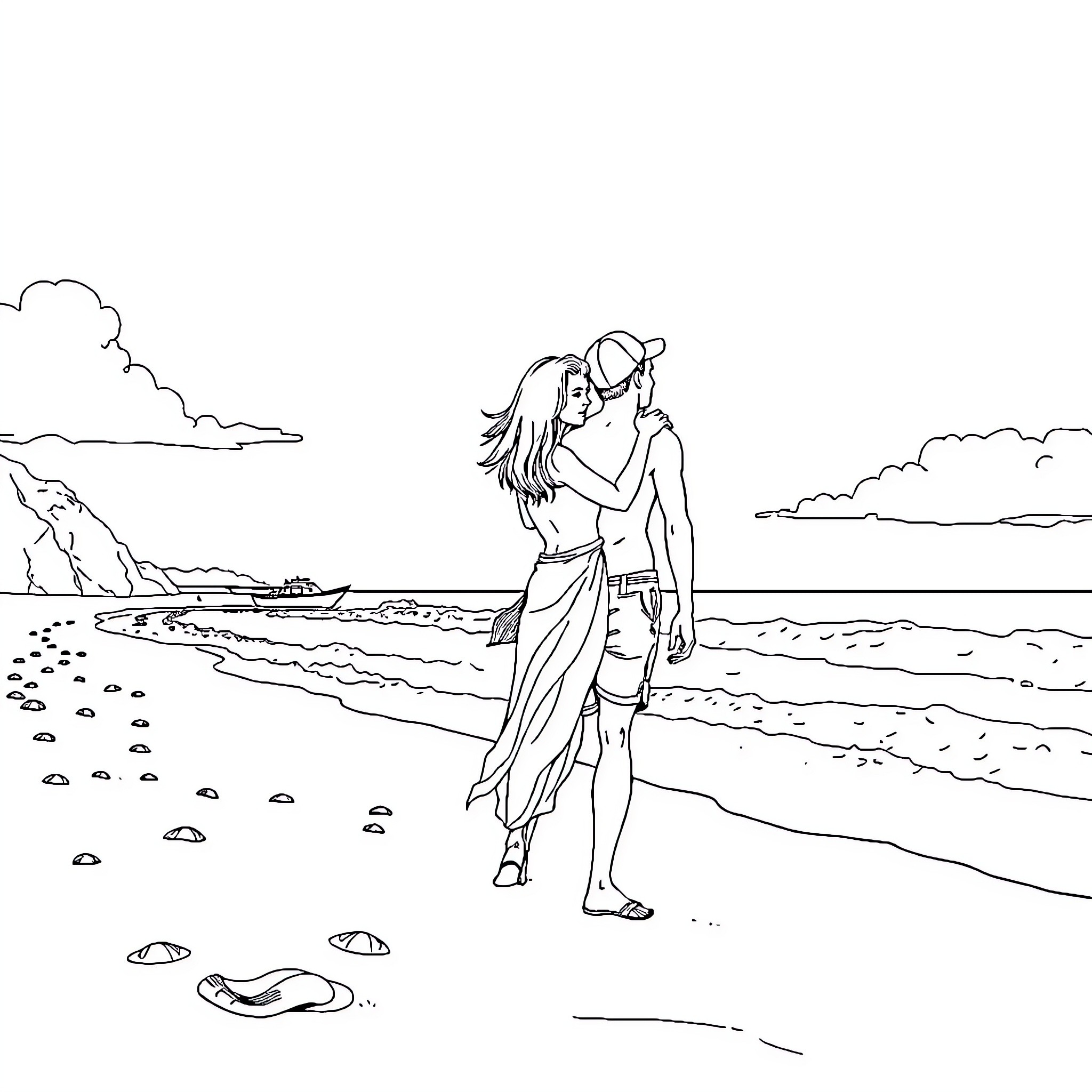 Mujer caminando sola por la playa Coloring Page (free black-and-white line drawing printable PDF for all, from beginners to advanced learners, including children, teens, adults, and seniors)