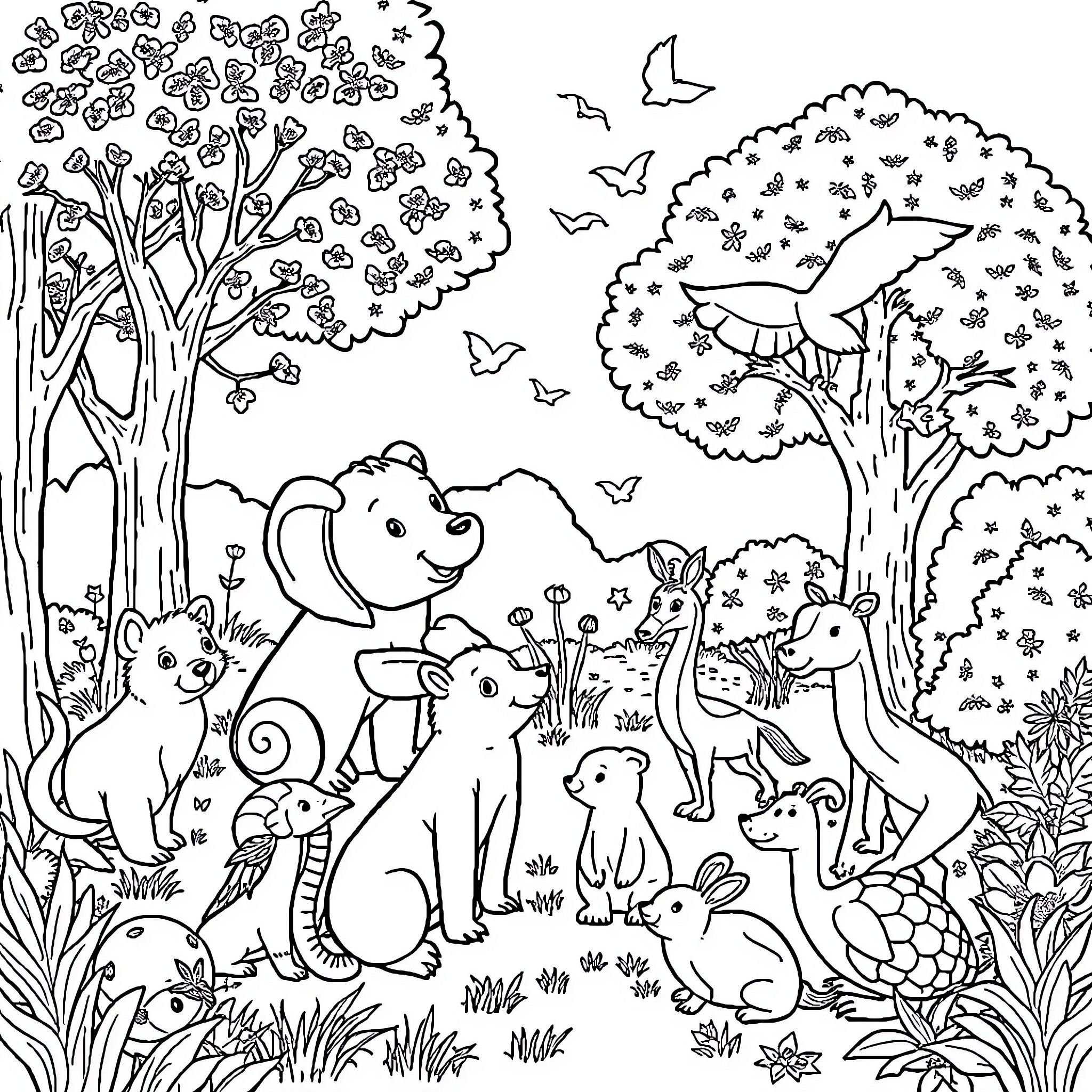 Animal forest friends enjoying nature together Coloring Page (free black-and-white line drawing printable PDF for all, from beginners to advanced learners, including children, teens, adults, and seniors)