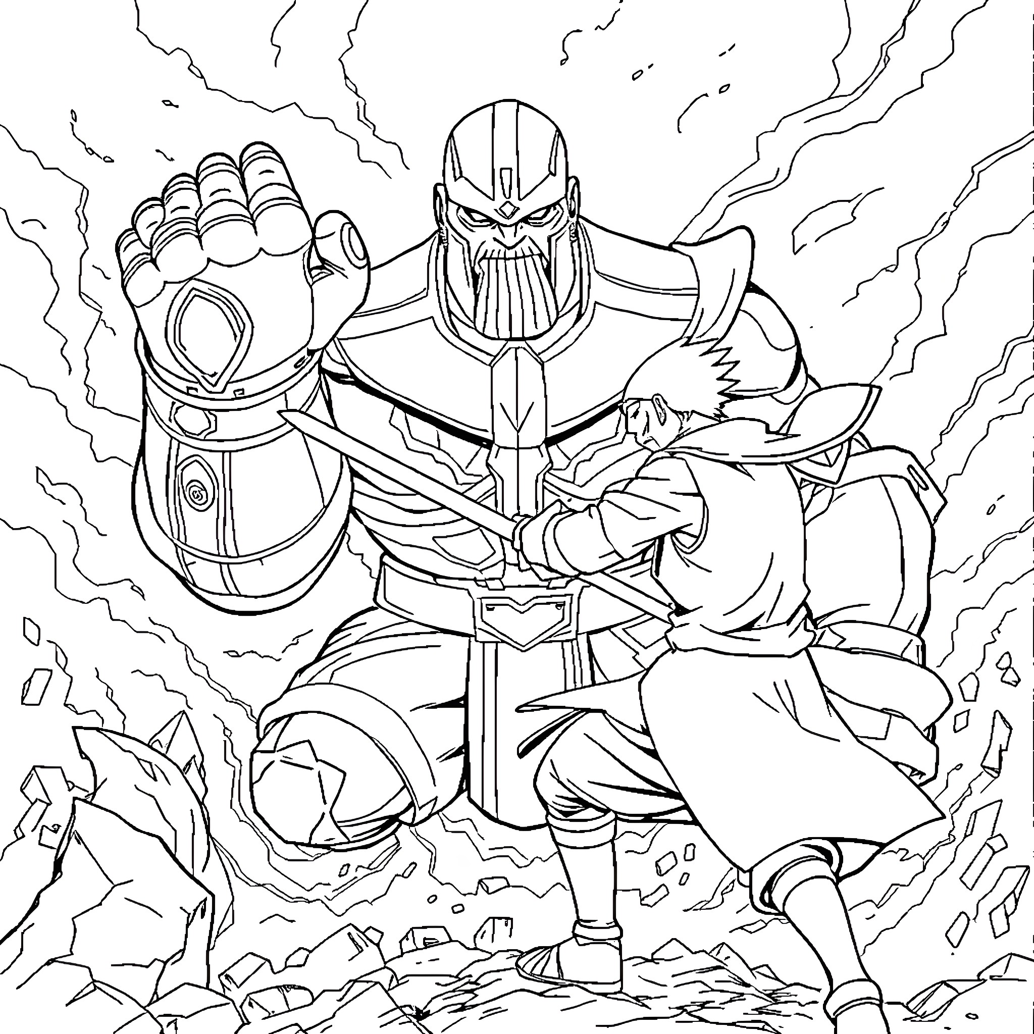 Thanos Unleashing Destructive Power Coloring Page (free black-and-white line drawing printable PDF for all, from beginners to advanced learners, including children, teens, adults, and seniors)