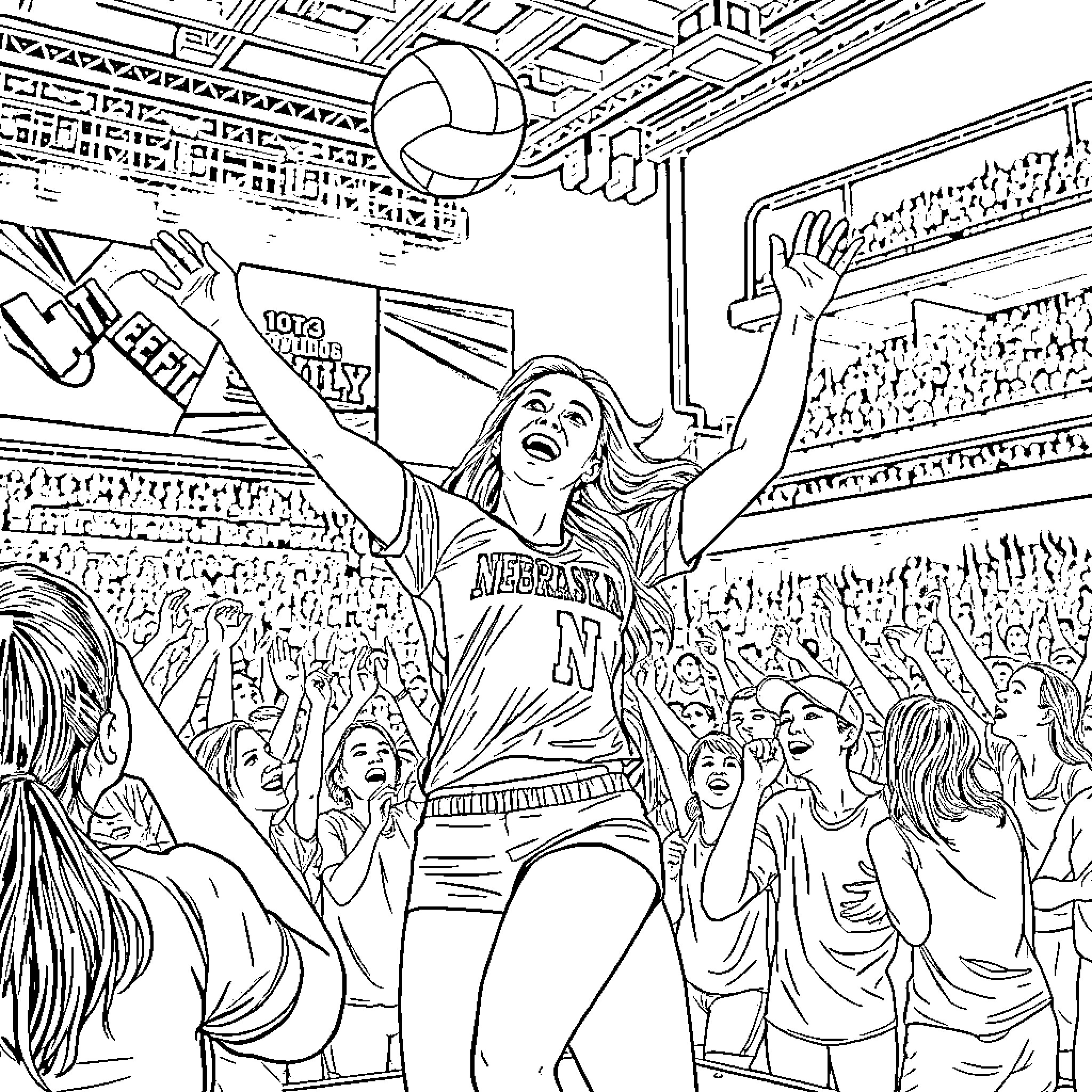 Volleyball Player Celebrating with Teammates in Packed Stadium Coloring Page (free black-and-white line drawing printable PDF for all, from beginners to advanced learners, including children, teens, adults, and seniors)