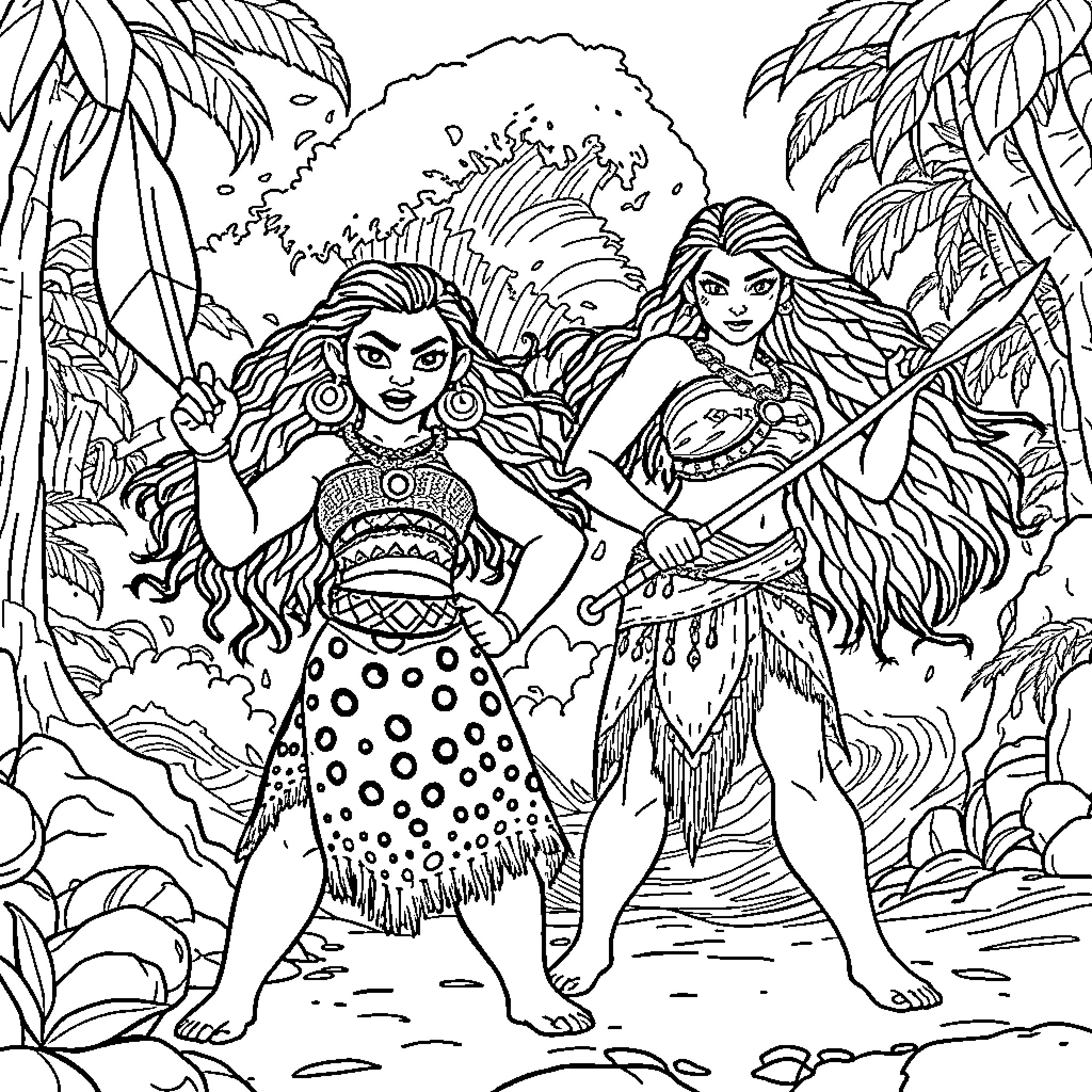 Moana and Maui in the Lush Tropical Jungle Coloring Page (free black-and-white line drawing printable PDF for all, from beginners to advanced learners, including children, teens, adults, and seniors)