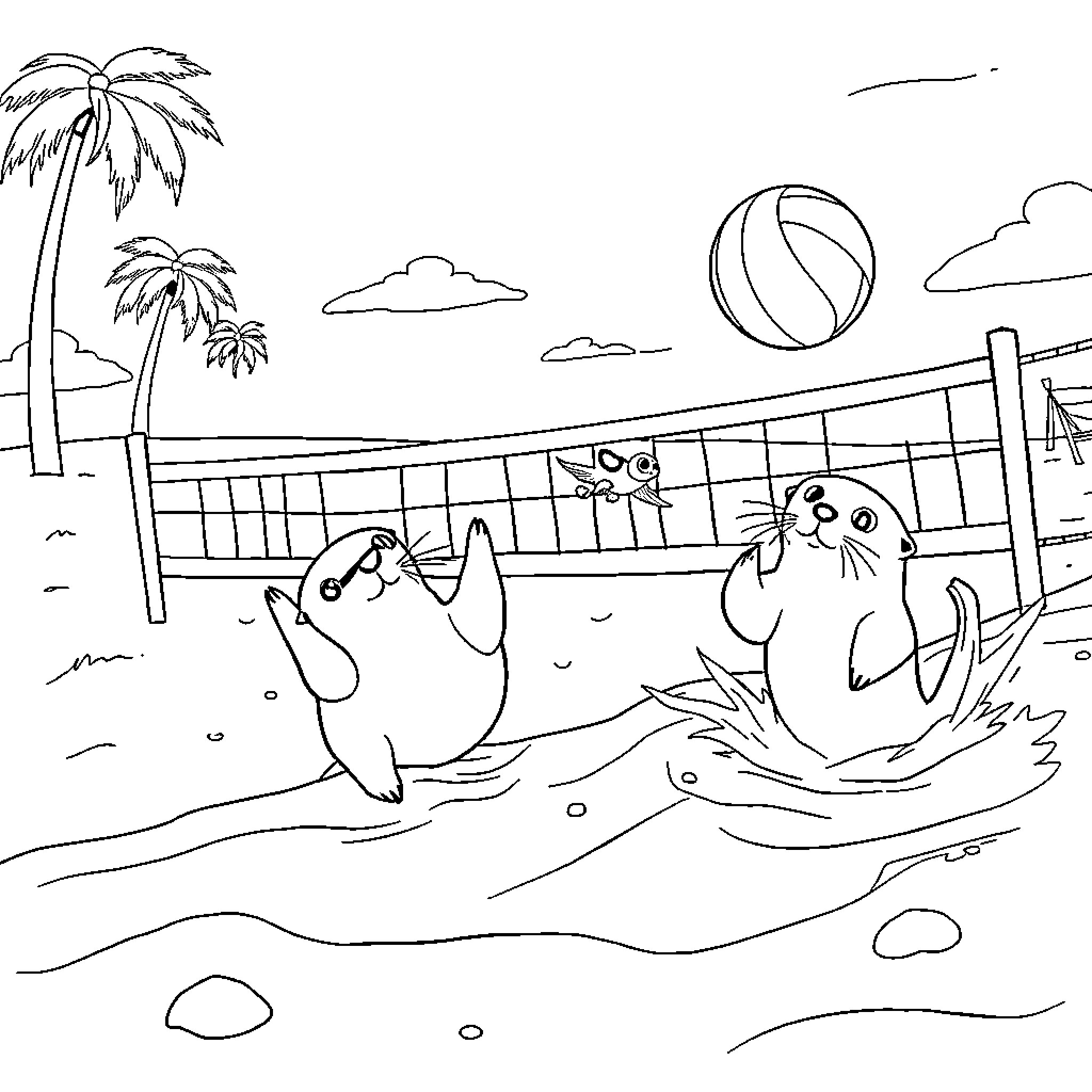 Otters playing volleyball on the beach Coloring Page (free black-and-white line drawing printable PDF for all, from beginners to advanced learners, including children, teens, adults, and seniors)