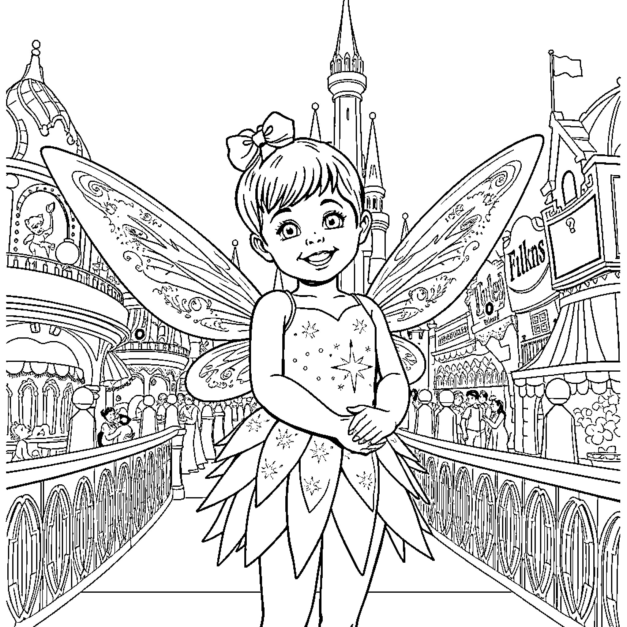 Girl exploring a magical fairy kingdom Coloring Page (free black-and-white line drawing printable PDF for all, from beginners to advanced learners, including children, teens, adults, and seniors)