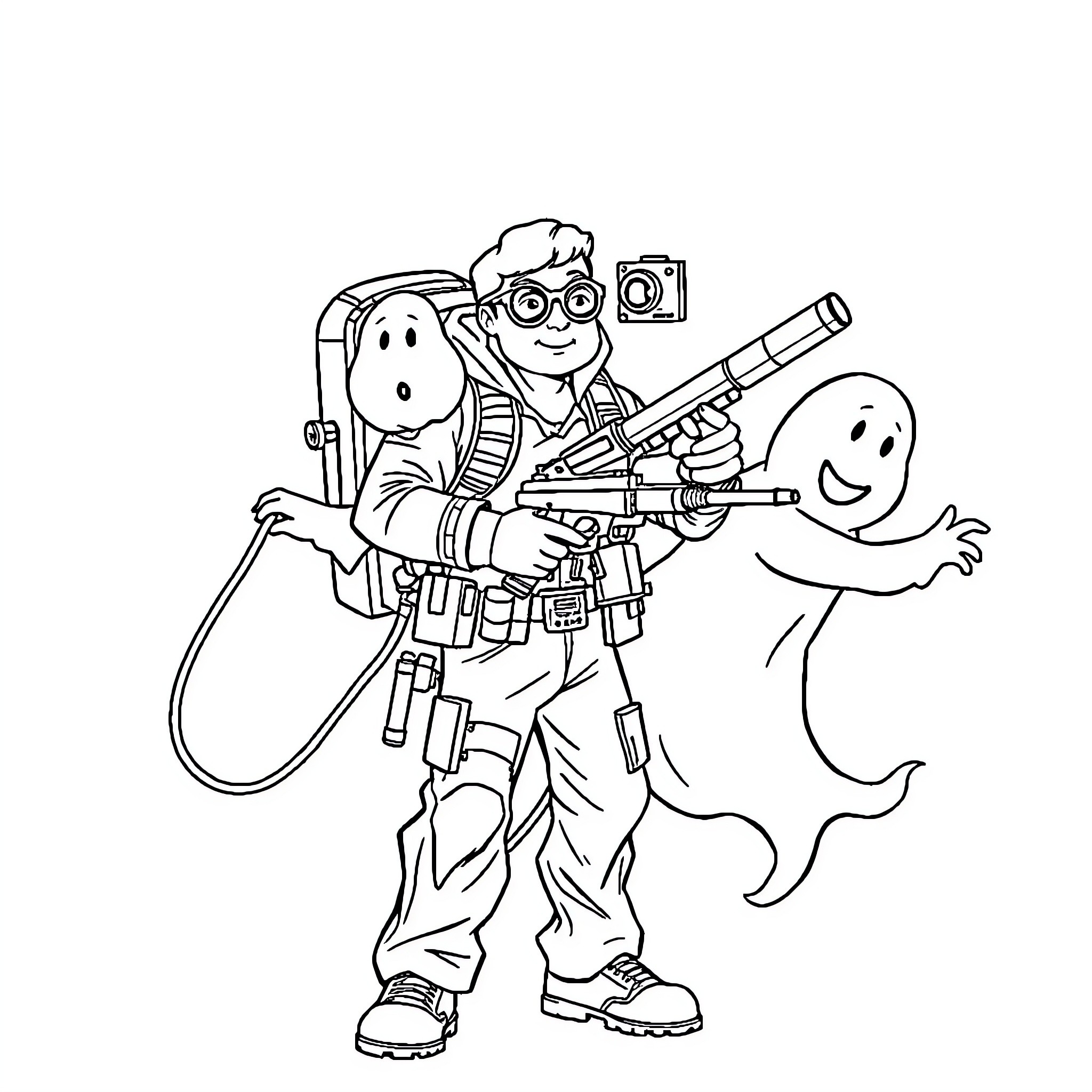 Ghostbuster captures comical ghosts in action Coloring Page (free black-and-white line drawing printable PDF for all, from beginners to advanced learners, including children, teens, adults, and seniors)