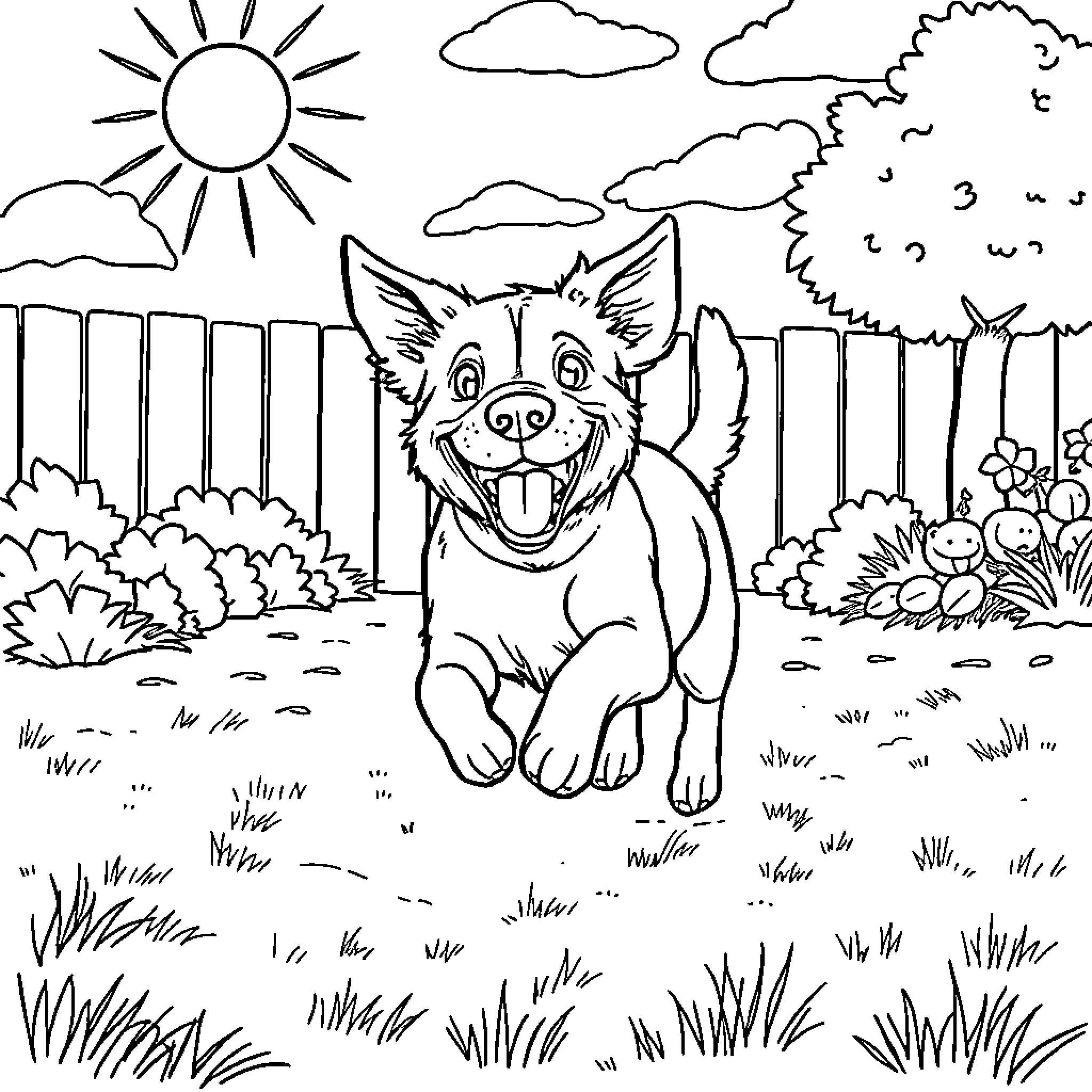 Dog happily playing in the backyard Coloring Page (free black-and-white line drawing printable PDF for all, from beginners to advanced learners, including children, teens, adults, and seniors)