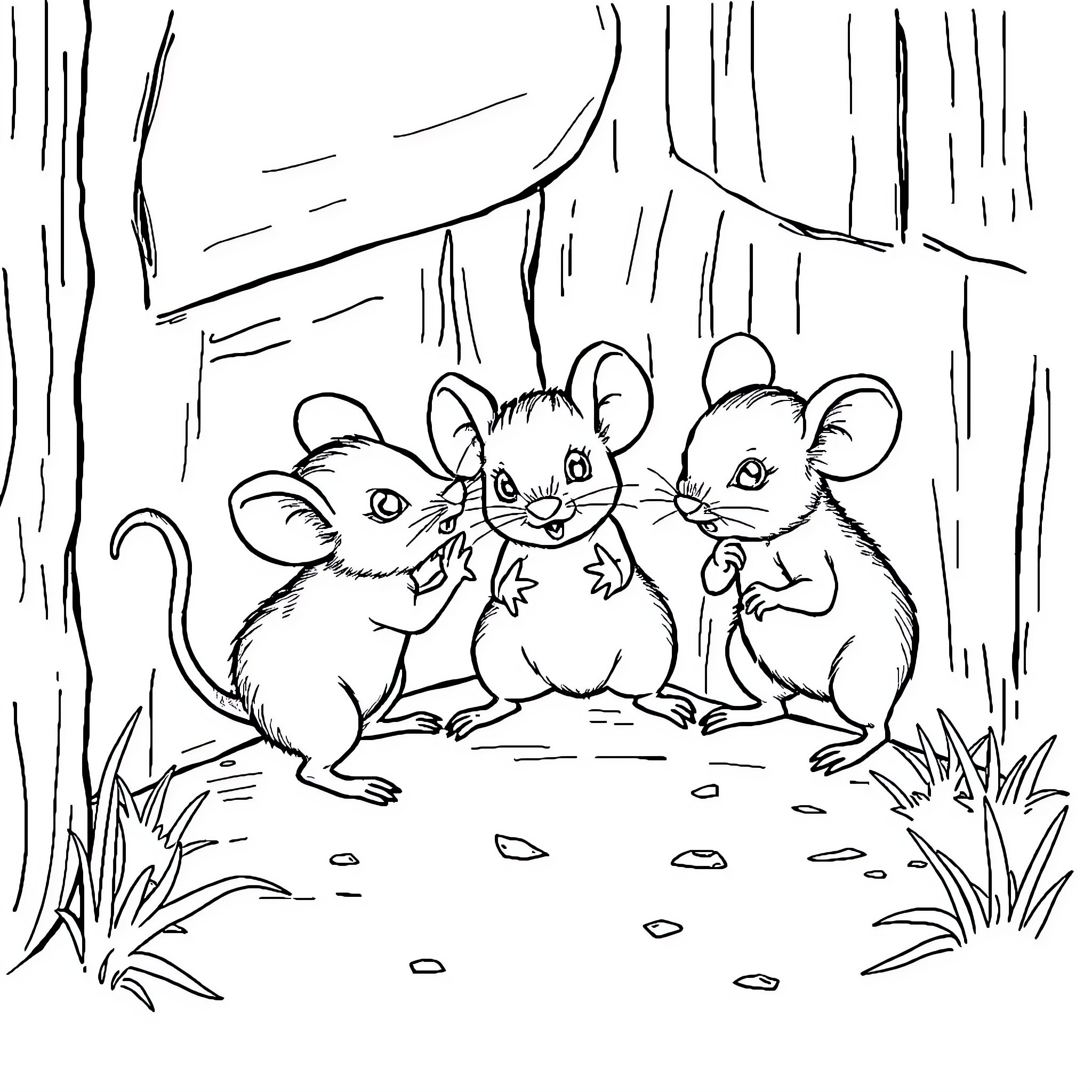 Mouse friends exploring the forest Coloring Page (free black-and-white line drawing printable PDF for all, from beginners to advanced learners, including children, teens, adults, and seniors)
