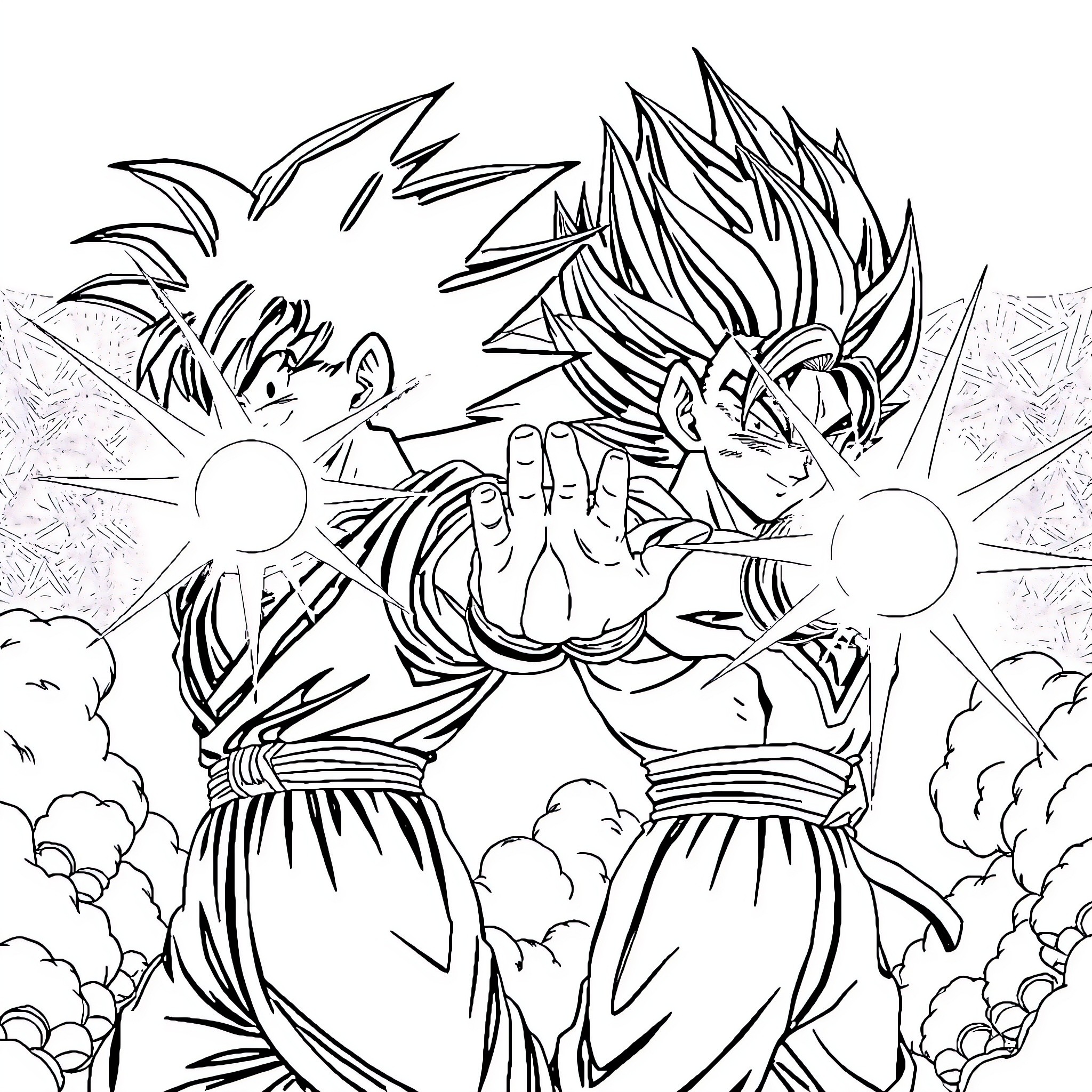 Son Goku's Powerful Transformation in Action Coloring Page (free black-and-white line drawing printable PDF for all, from beginners to advanced learners, including children, teens, adults, and seniors)