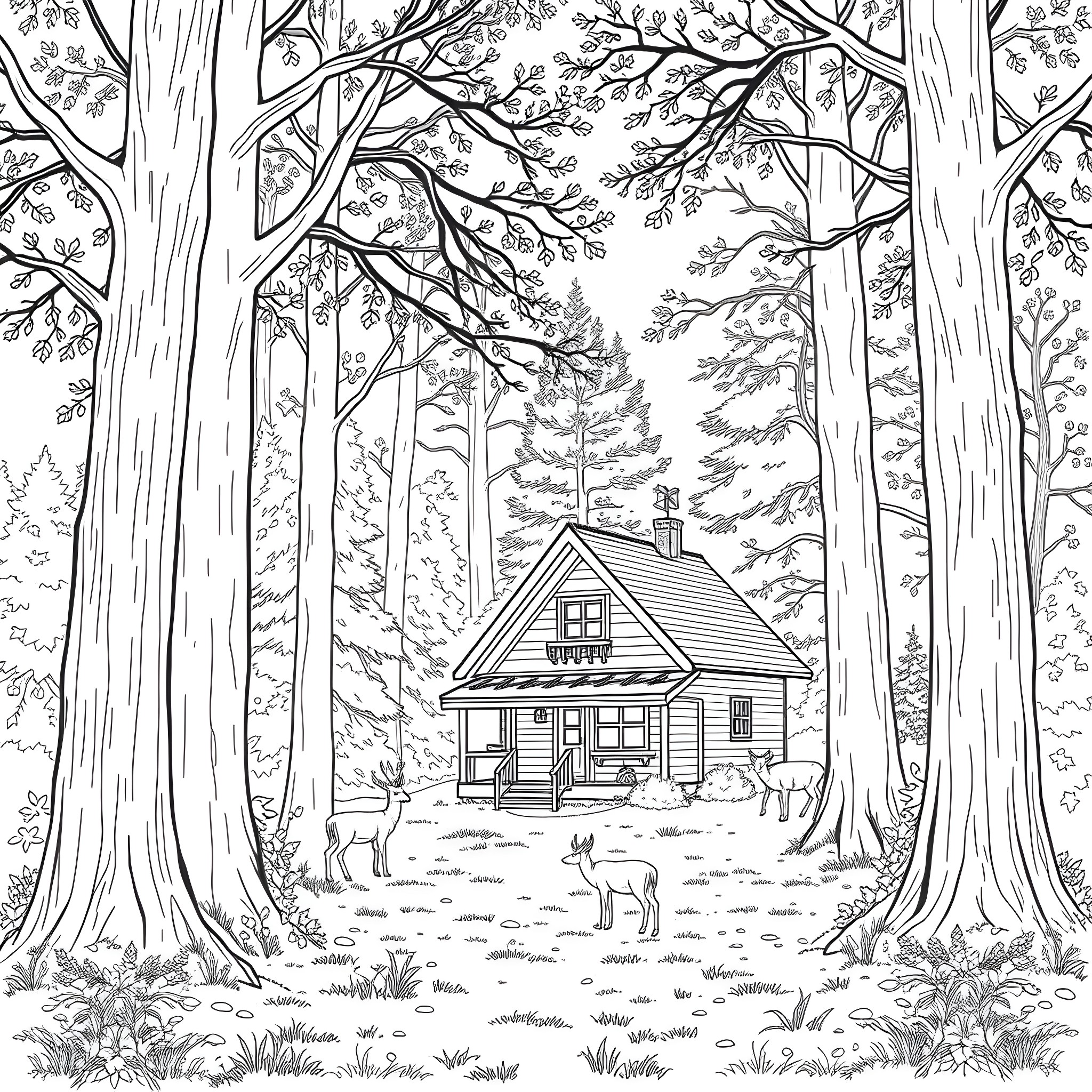 Deer in the enchanted forest near a cozy cabin Coloring Page (free black-and-white line drawing printable PDF for all, from beginners to advanced learners, including children, teens, adults, and seniors)