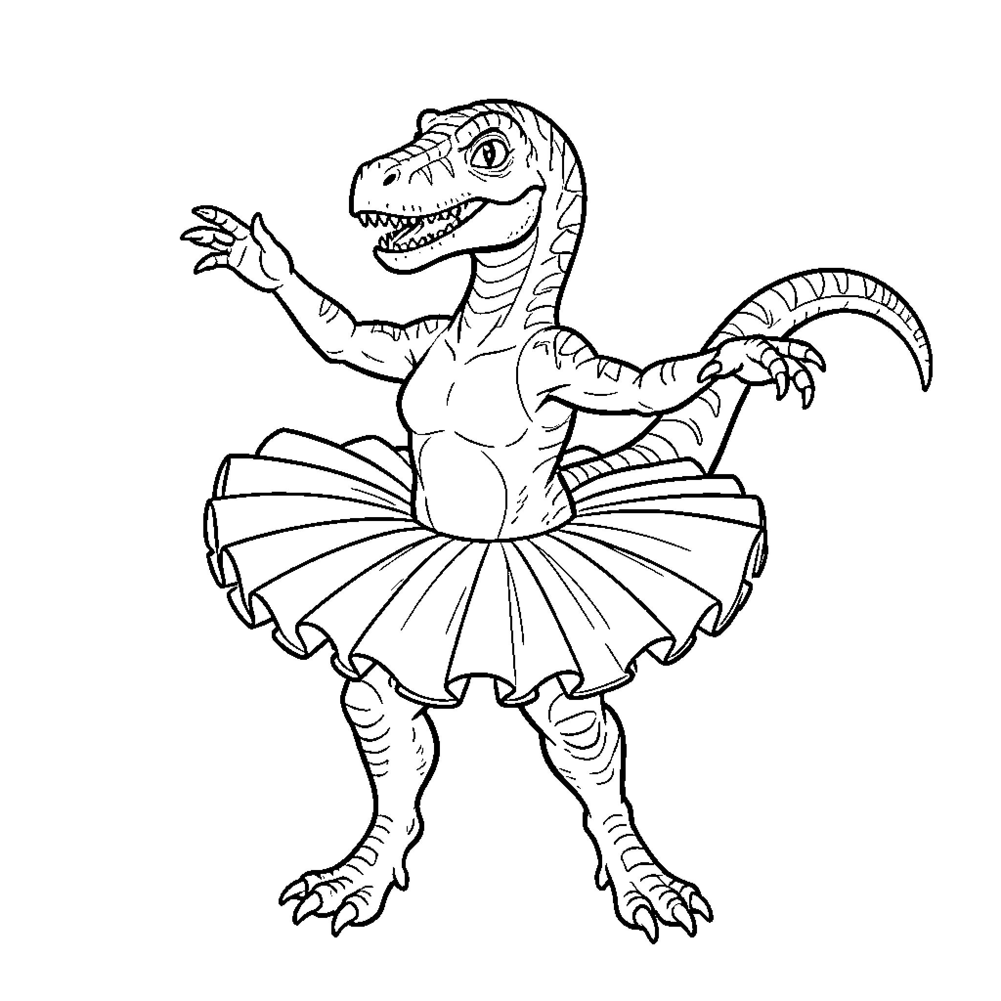 Velociraptor dancing gracefully in a ballet tutu Coloring Page (free black-and-white line drawing printable PDF for all, from beginners to advanced learners, including children, teens, adults, and seniors)