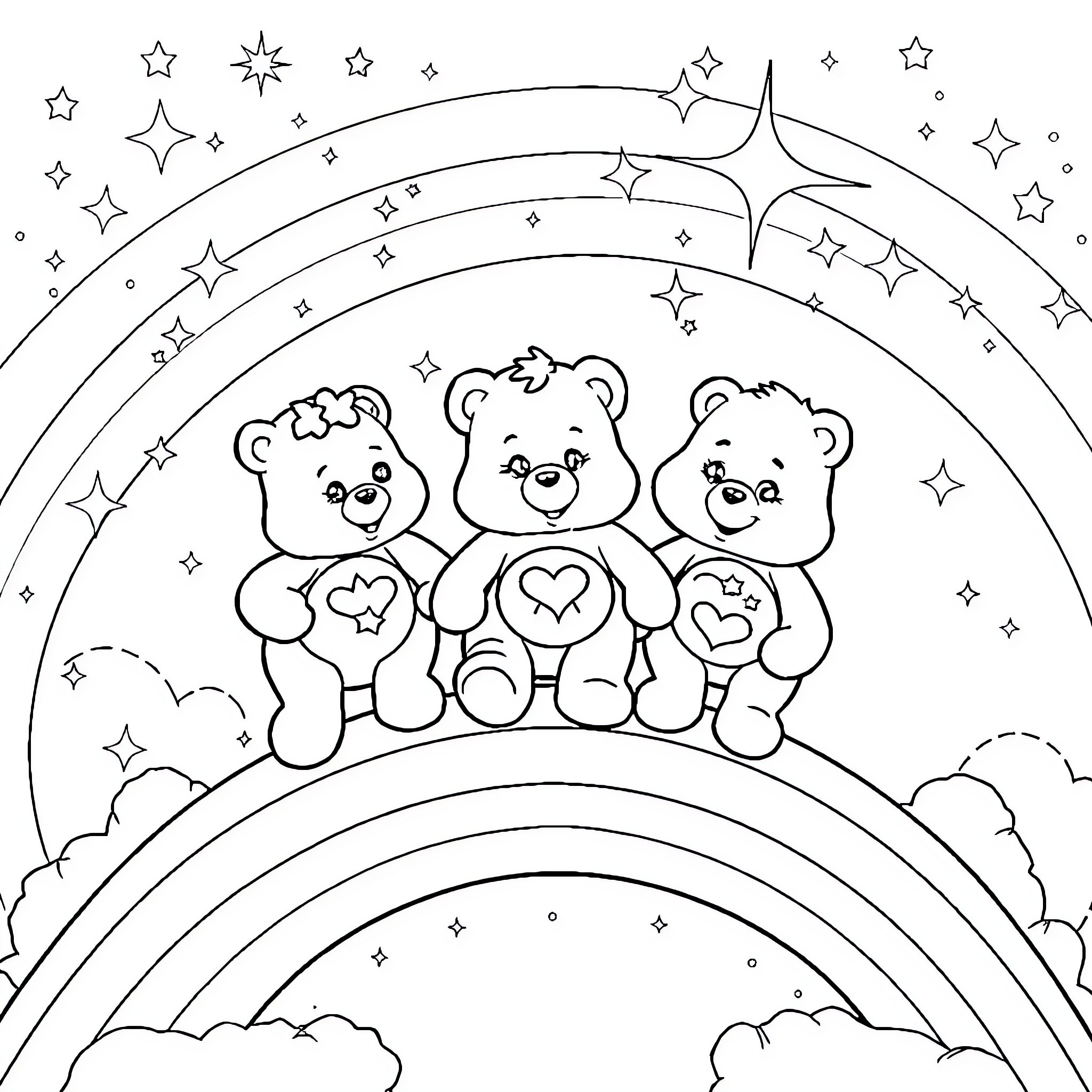 Care Bears sitting on a rainbow under the stars Coloring Page (free black-and-white line drawing printable PDF for all, from beginners to advanced learners, including children, teens, adults, and seniors)
