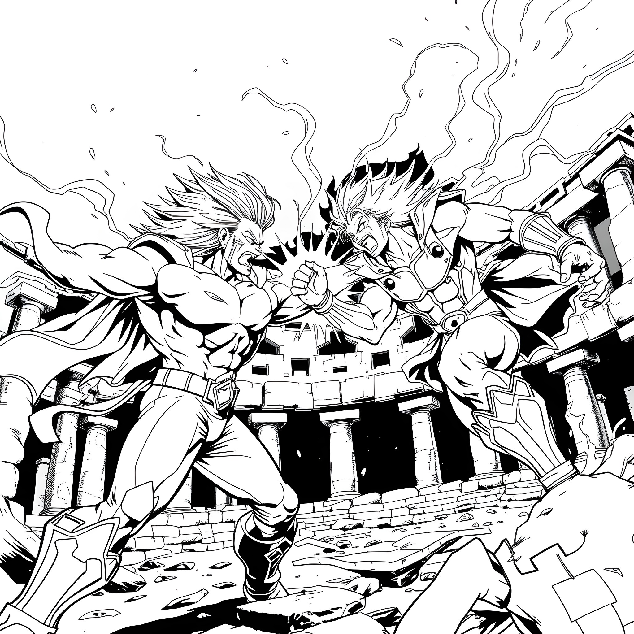 Dio Brando's epic confrontation in the ruins Coloring Page (free black-and-white line drawing printable PDF for all, from beginners to advanced learners, including children, teens, adults, and seniors)