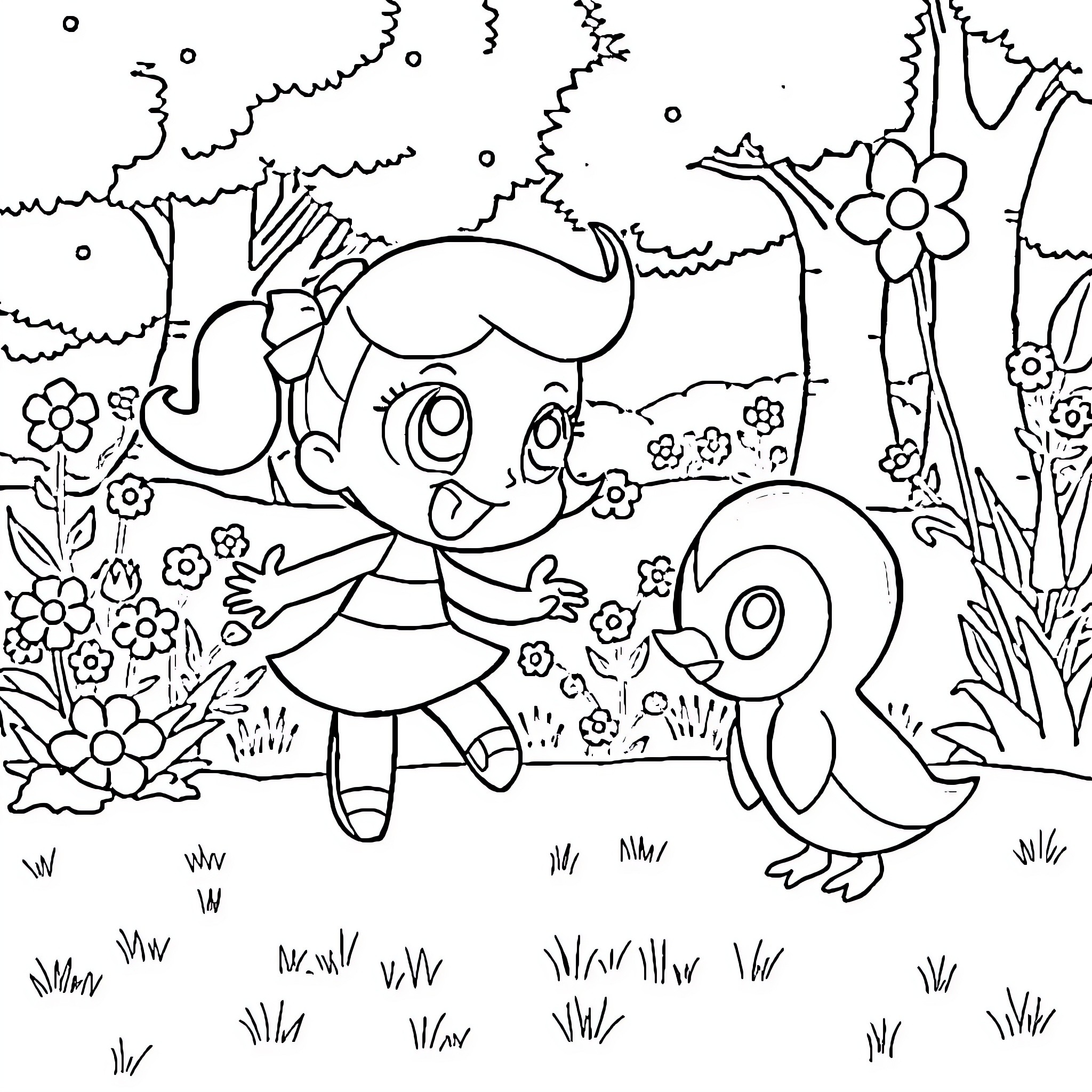 Bubbles playing joyfully with a cute animal in a floral field Coloring Page (free black-and-white line drawing printable PDF for all, from beginners to advanced learners, including children, teens, adults, and seniors)