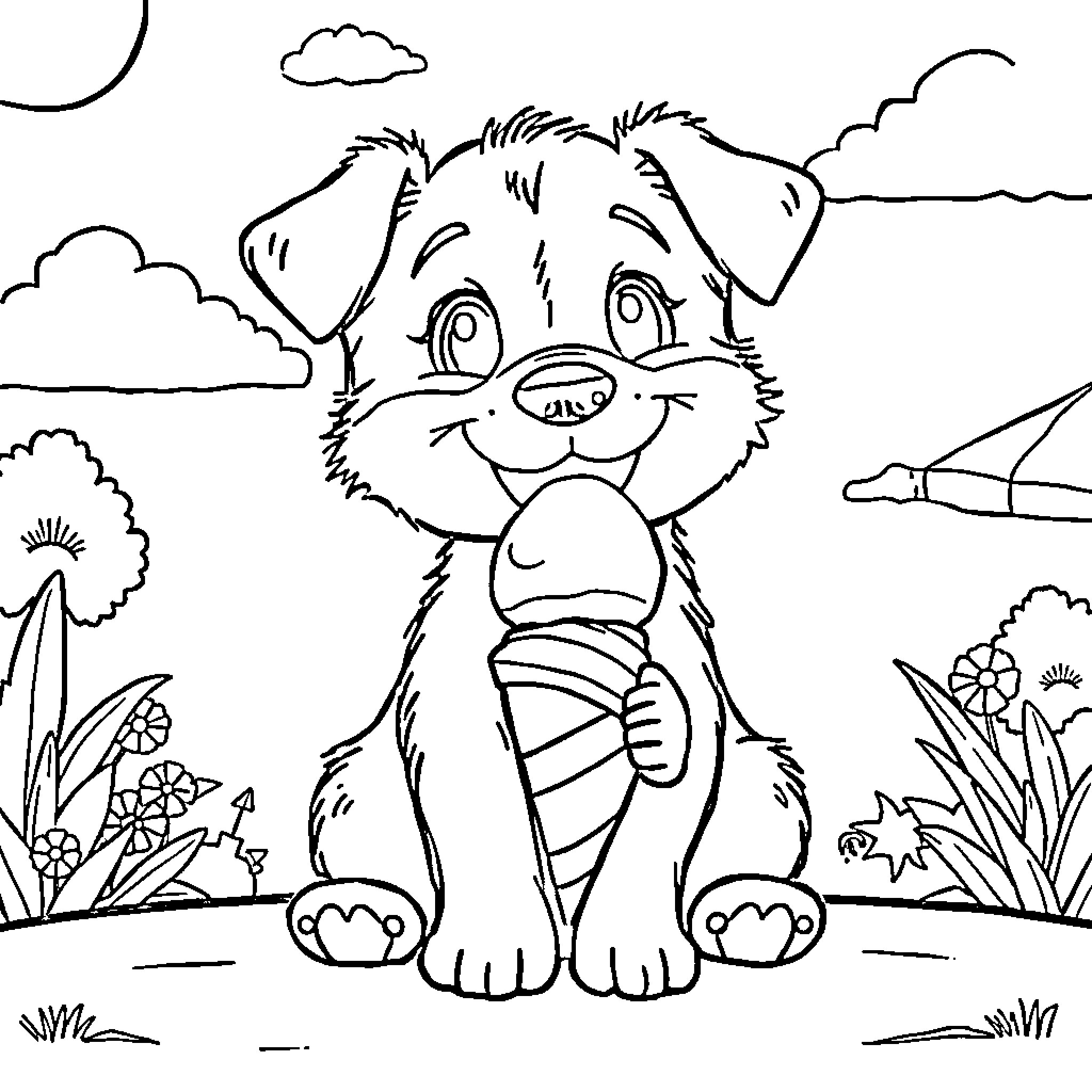 Puppy relaxing in nature Coloring Page (free black-and-white line drawing printable PDF for all, from beginners to advanced learners, including children, teens, adults, and seniors)