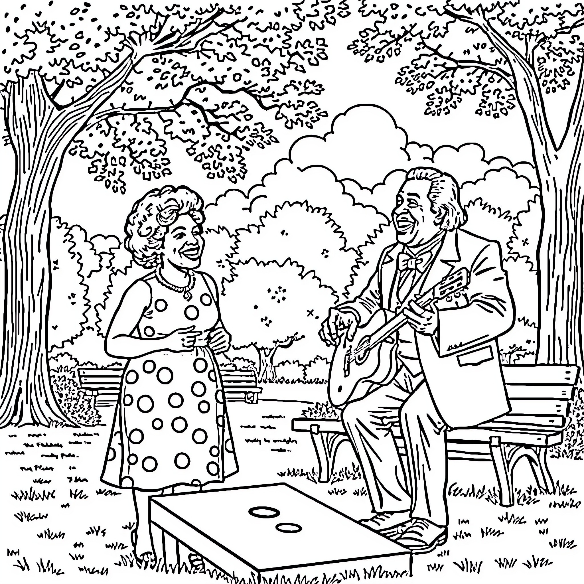 Ella Fitzgerald and her husband sharing a joyful moment outdoors Coloring Page (free black-and-white line drawing printable PDF for all, from beginners to advanced learners, including children, teens, adults, and seniors)