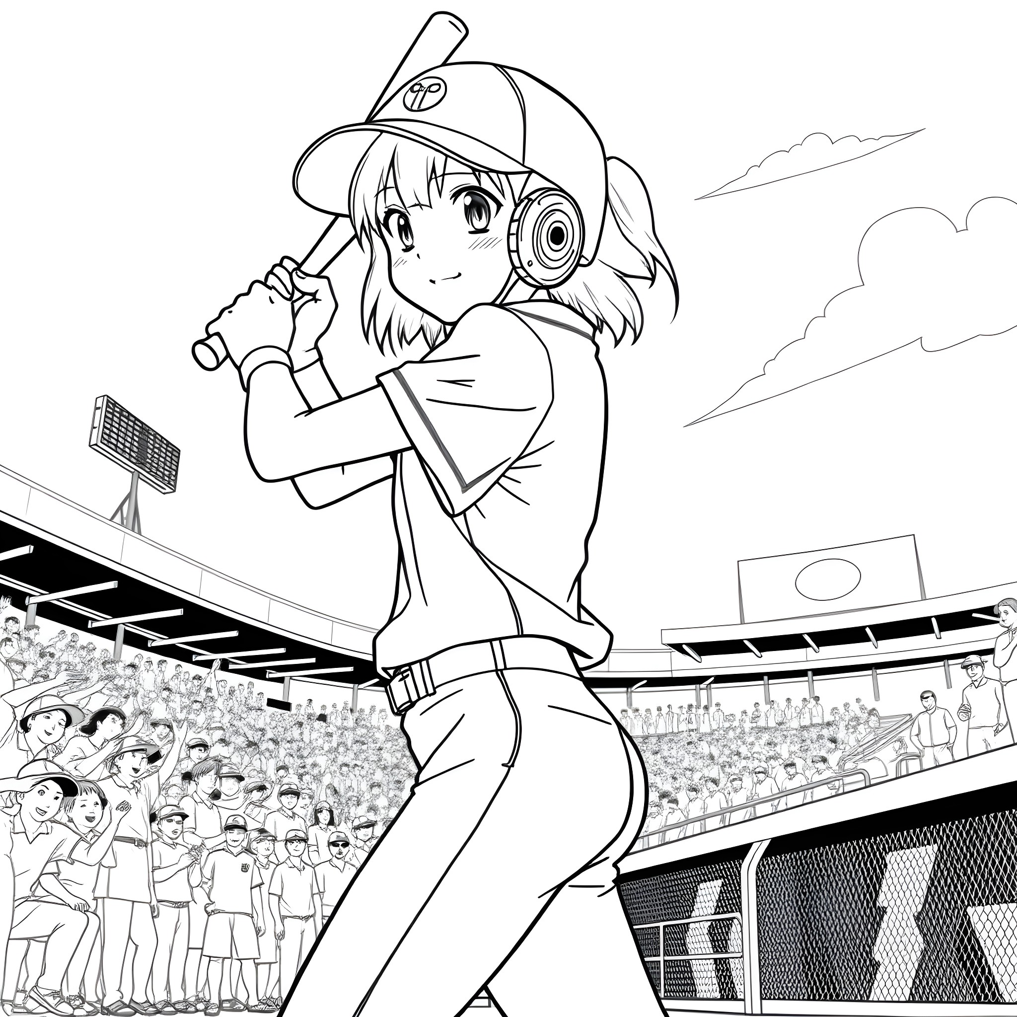 Anime Girl Cheering in a Baseball Stadium Coloring Page (free black-and-white line drawing printable PDF for all, from beginners to advanced learners, including children, teens, adults, and seniors)