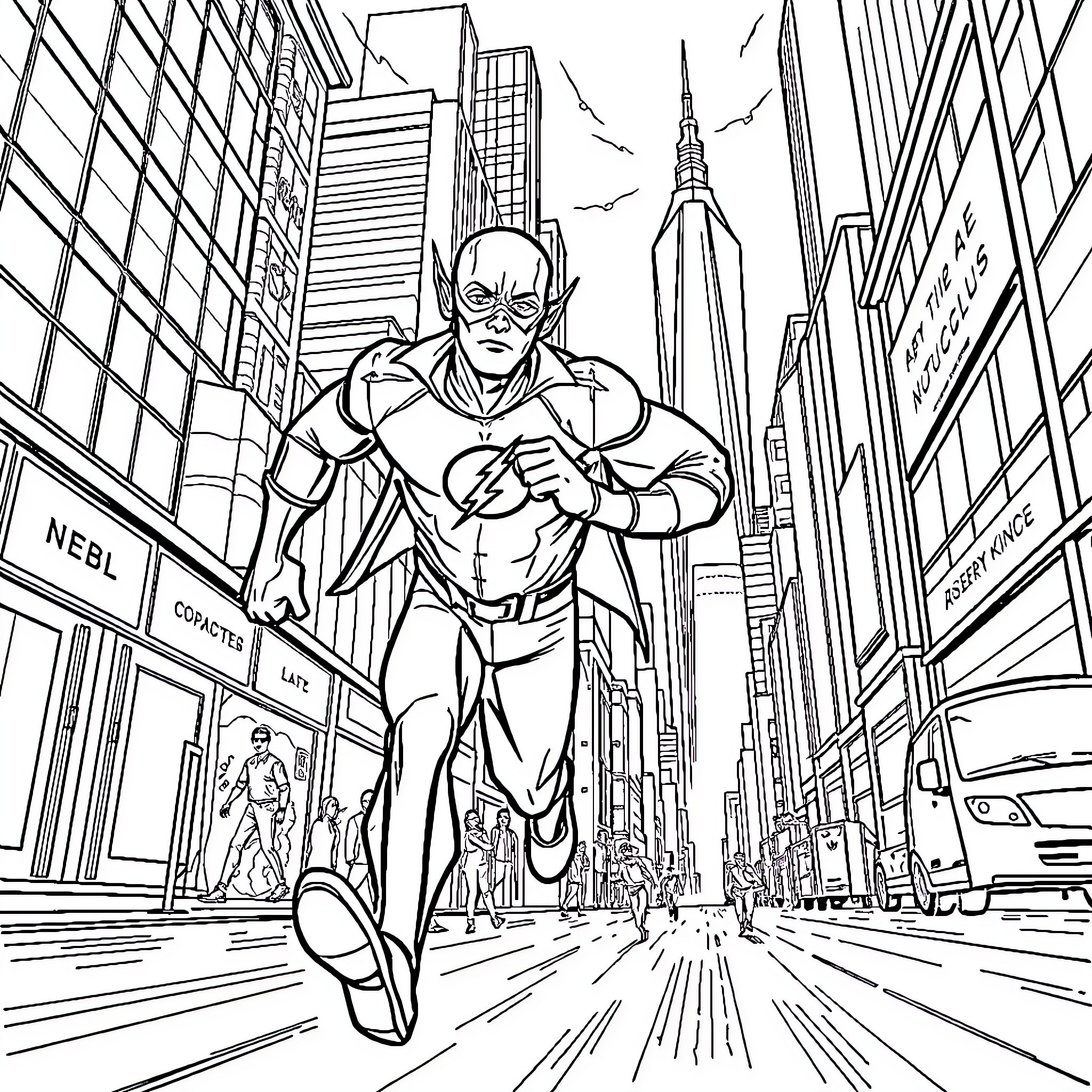 Flash Races Through the Bustling City Coloring Page (free black-and-white line drawing printable PDF for all, from beginners to advanced learners, including children, teens, adults, and seniors)