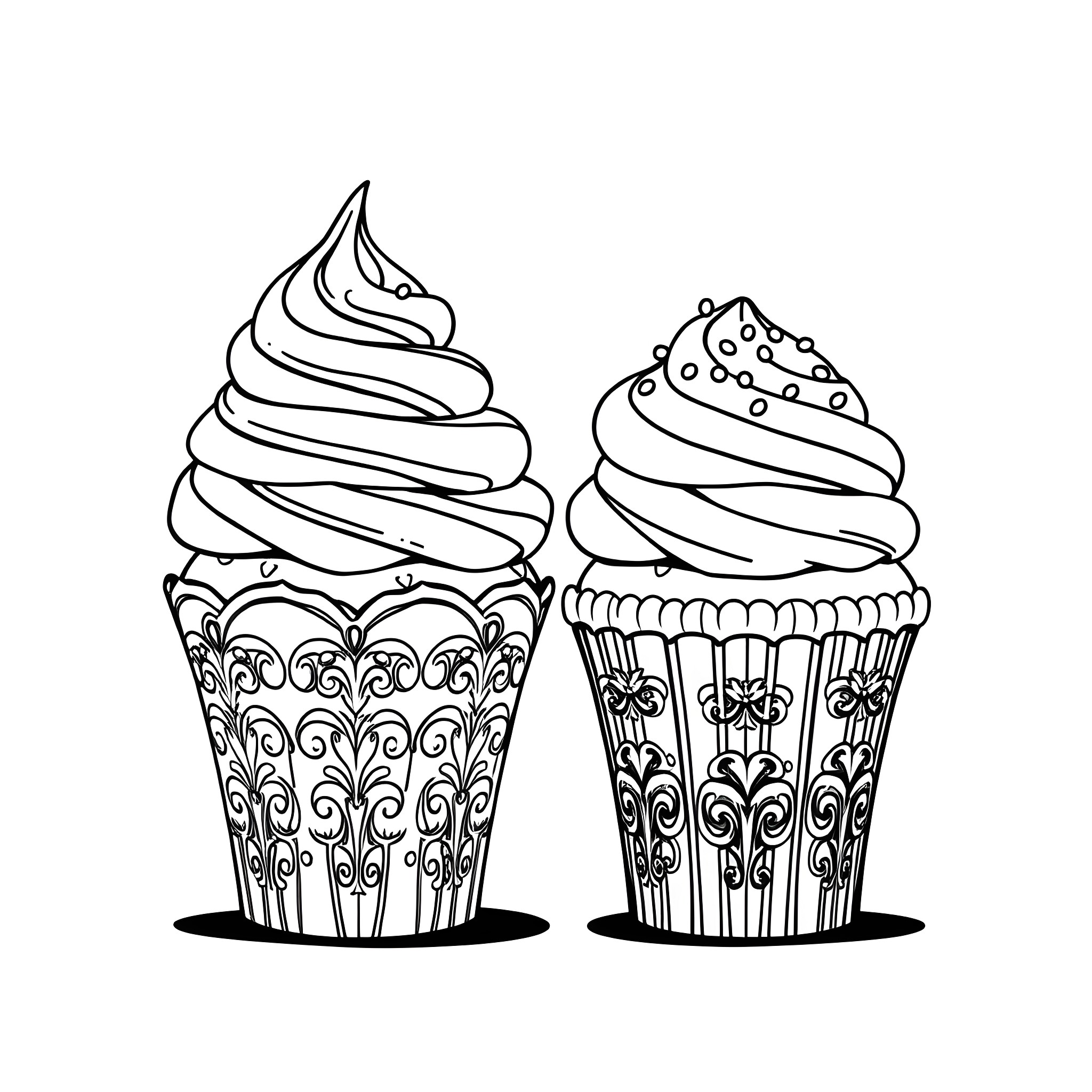 Cupcakes with Intricate Designs Coloring Page (free black-and-white line drawing printable PDF for all, from beginners to advanced learners, including children, teens, adults, and seniors)