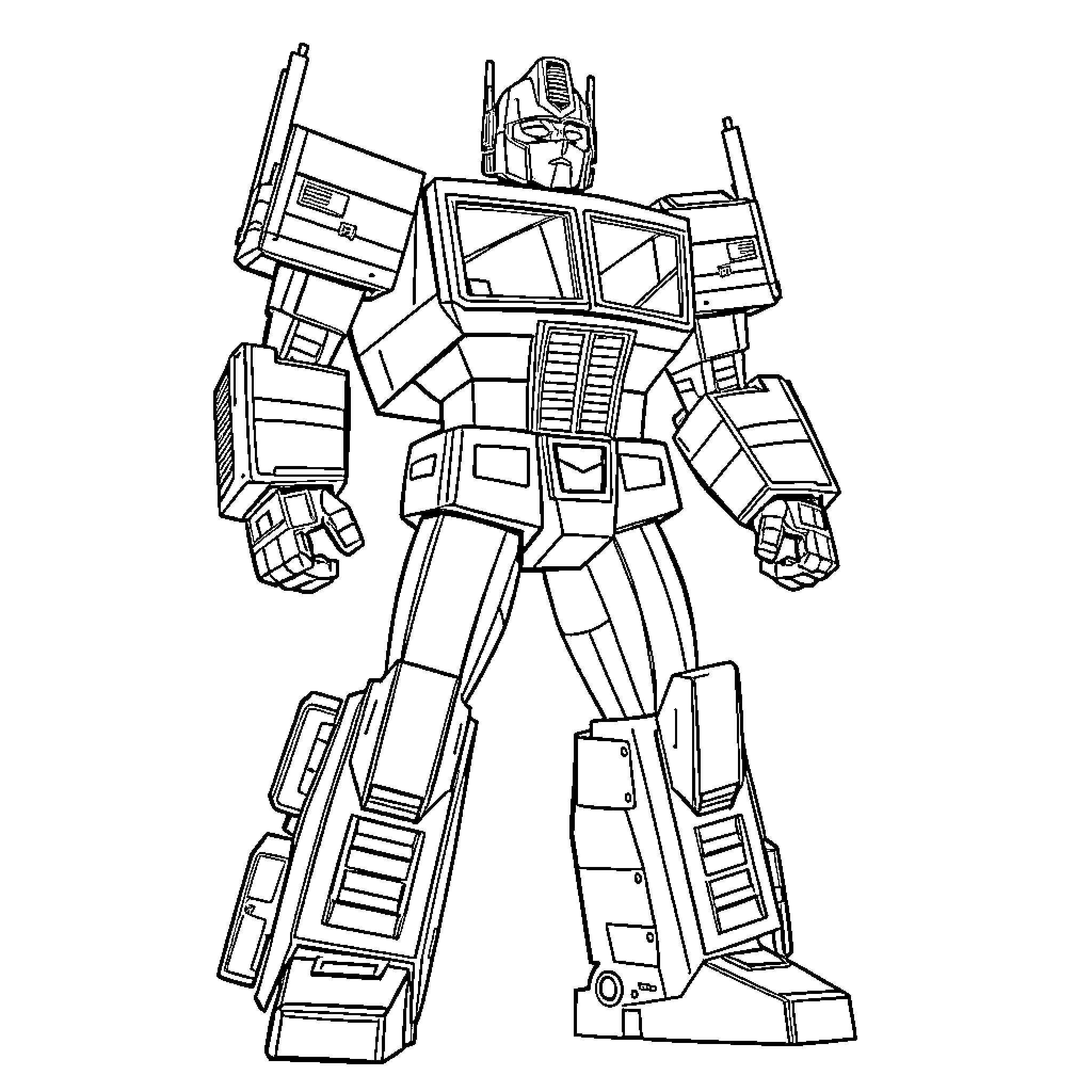 Optimus Prime robot in action pose Coloring Page (free black-and-white line drawing printable PDF for all, from beginners to advanced learners, including children, teens, adults, and seniors)