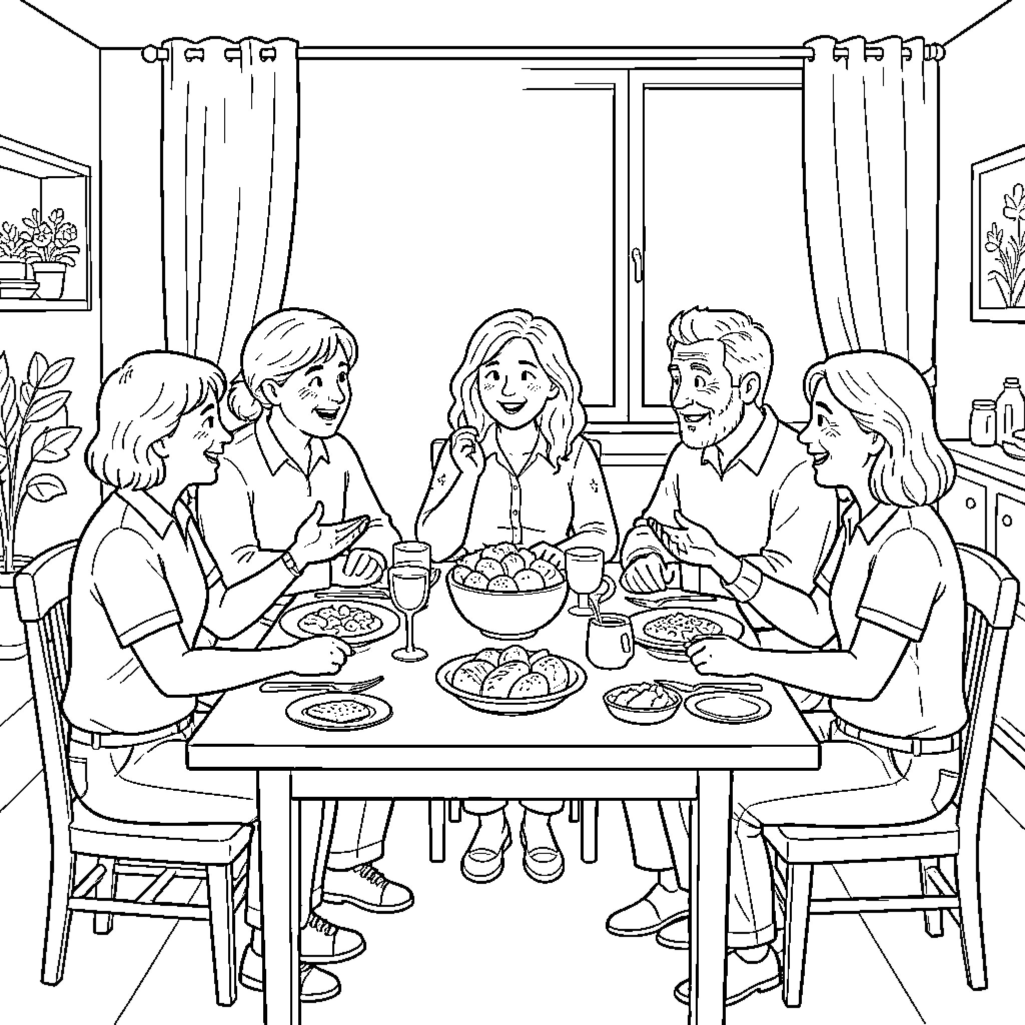 Parents and family enjoying a meal together at home Coloring Page (free black-and-white line drawing printable PDF for all, from beginners to advanced learners, including children, teens, adults, and seniors)