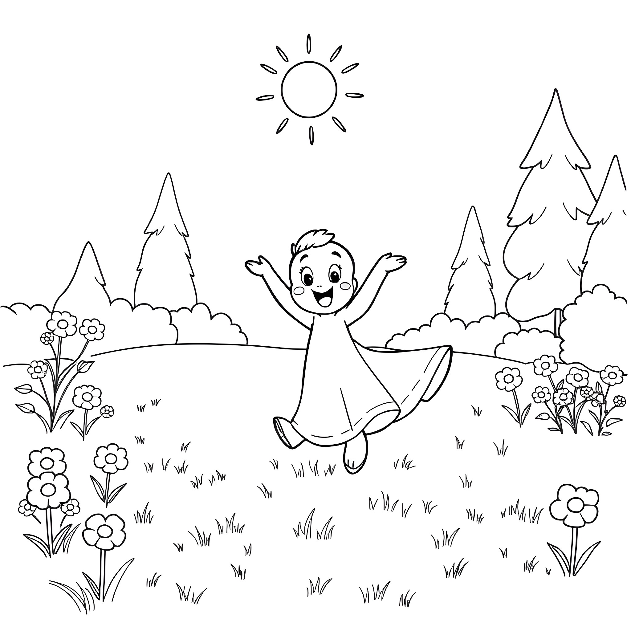 Bluey enjoying the sunny day in the meadow Coloring Page (free black-and-white line drawing printable PDF for all, from beginners to advanced learners, including children, teens, adults, and seniors)