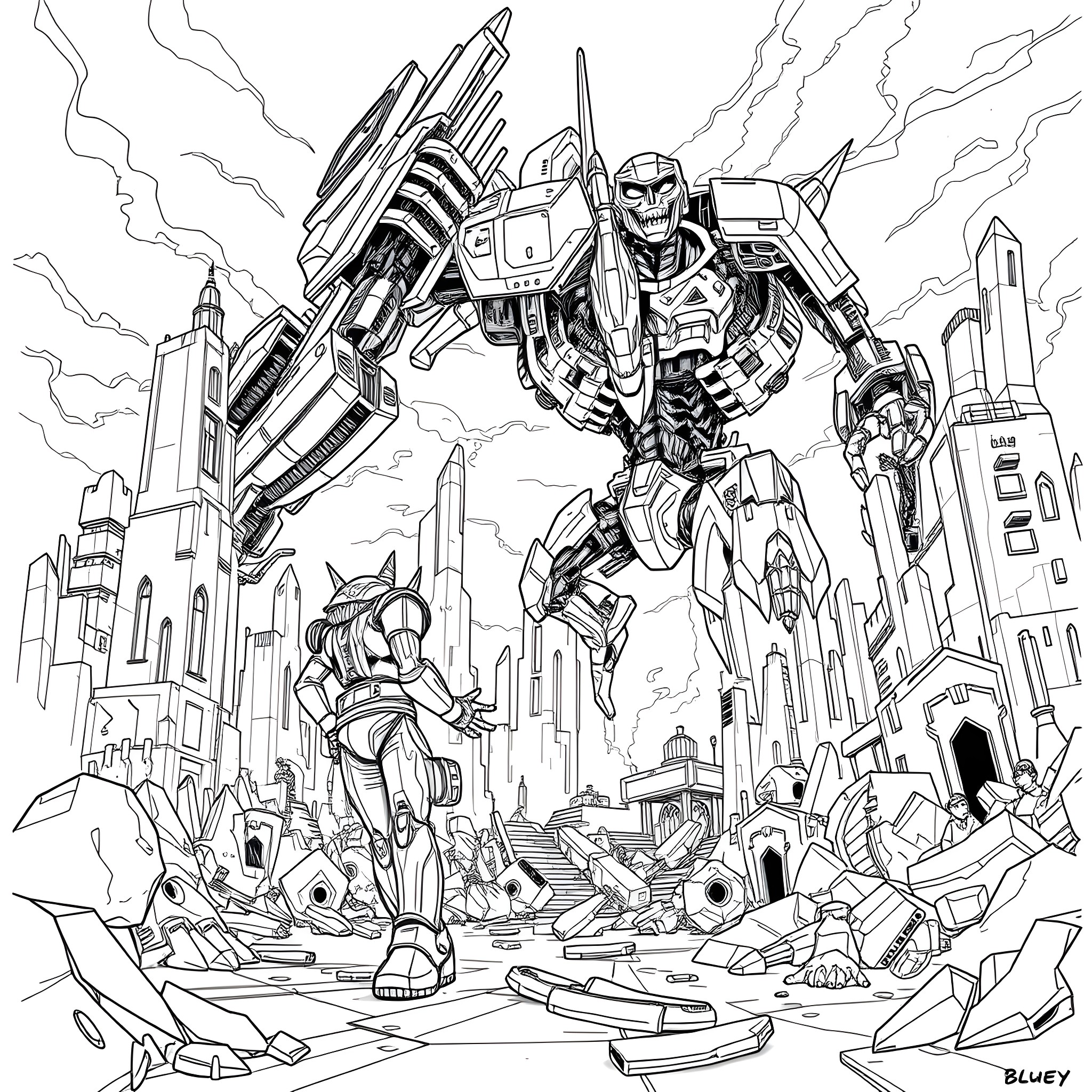 Bluey's Robotic Adventure in the Futuristic City Coloring Page (free black-and-white line drawing printable PDF for all, from beginners to advanced learners, including children, teens, adults, and seniors)