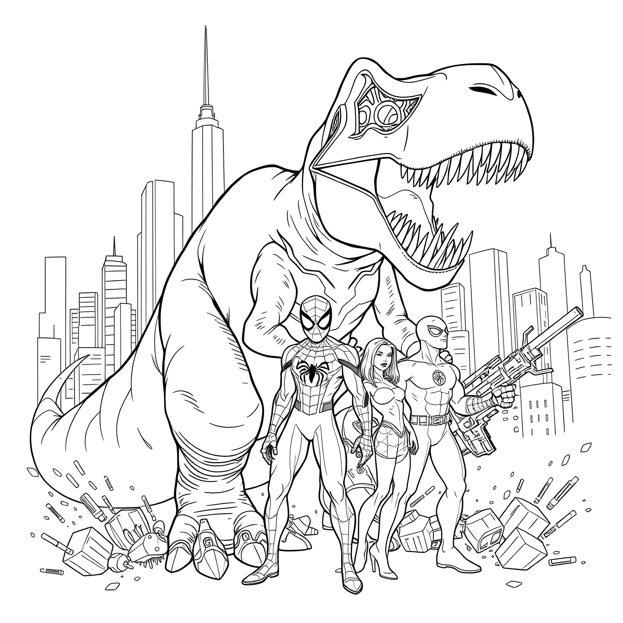 Spider-themed heroes battling a giant dinosaur in the city Coloring Page (free black-and-white line drawing printable PDF for all, from beginners to advanced learners, including children, teens, adults, and seniors)