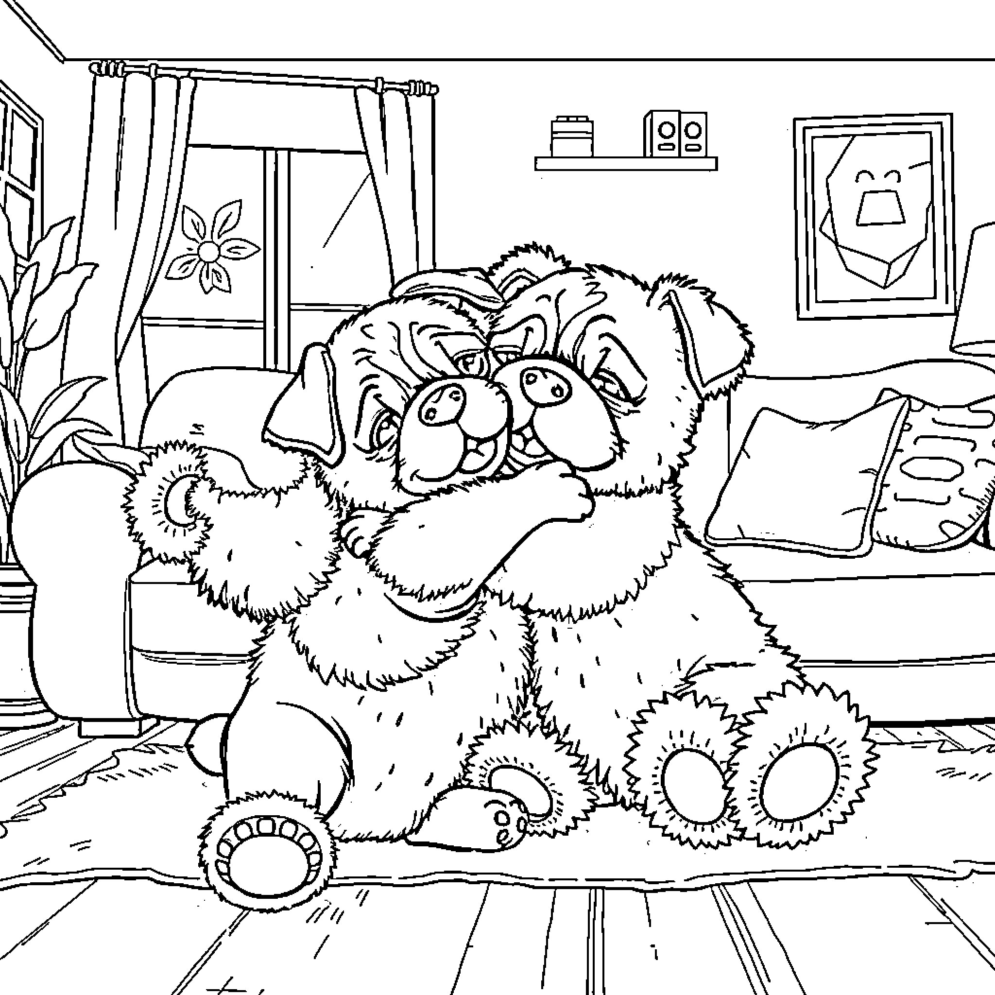 Pugs cuddling happily in cozy home Coloring Page (free black-and-white line drawing printable PDF for all, from beginners to advanced learners, including children, teens, adults, and seniors)