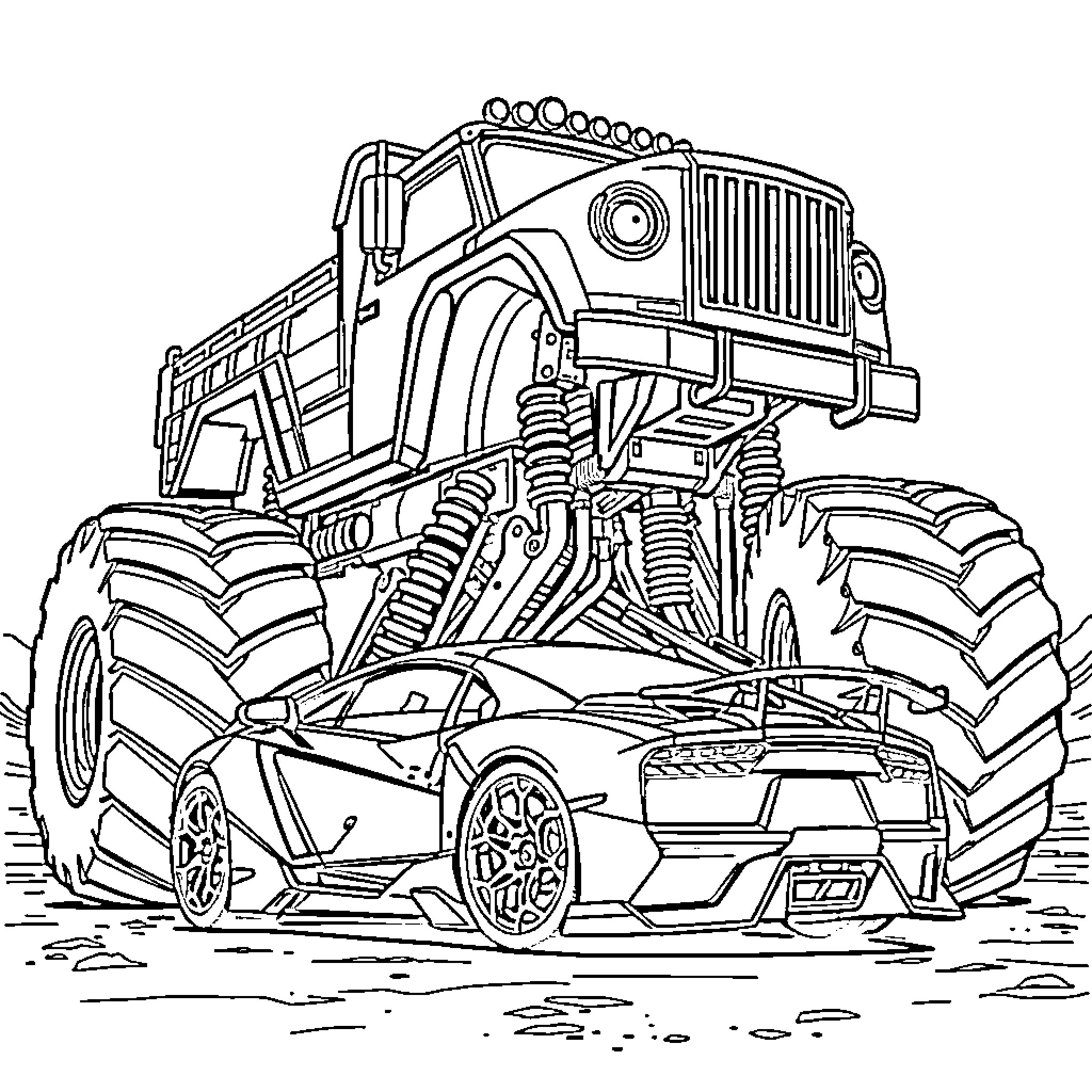 Monster Truck Crushes Sports Car in Muddy Terrain Coloring Page (free black-and-white line drawing printable PDF for all, from beginners to advanced learners, including children, teens, adults, and seniors)