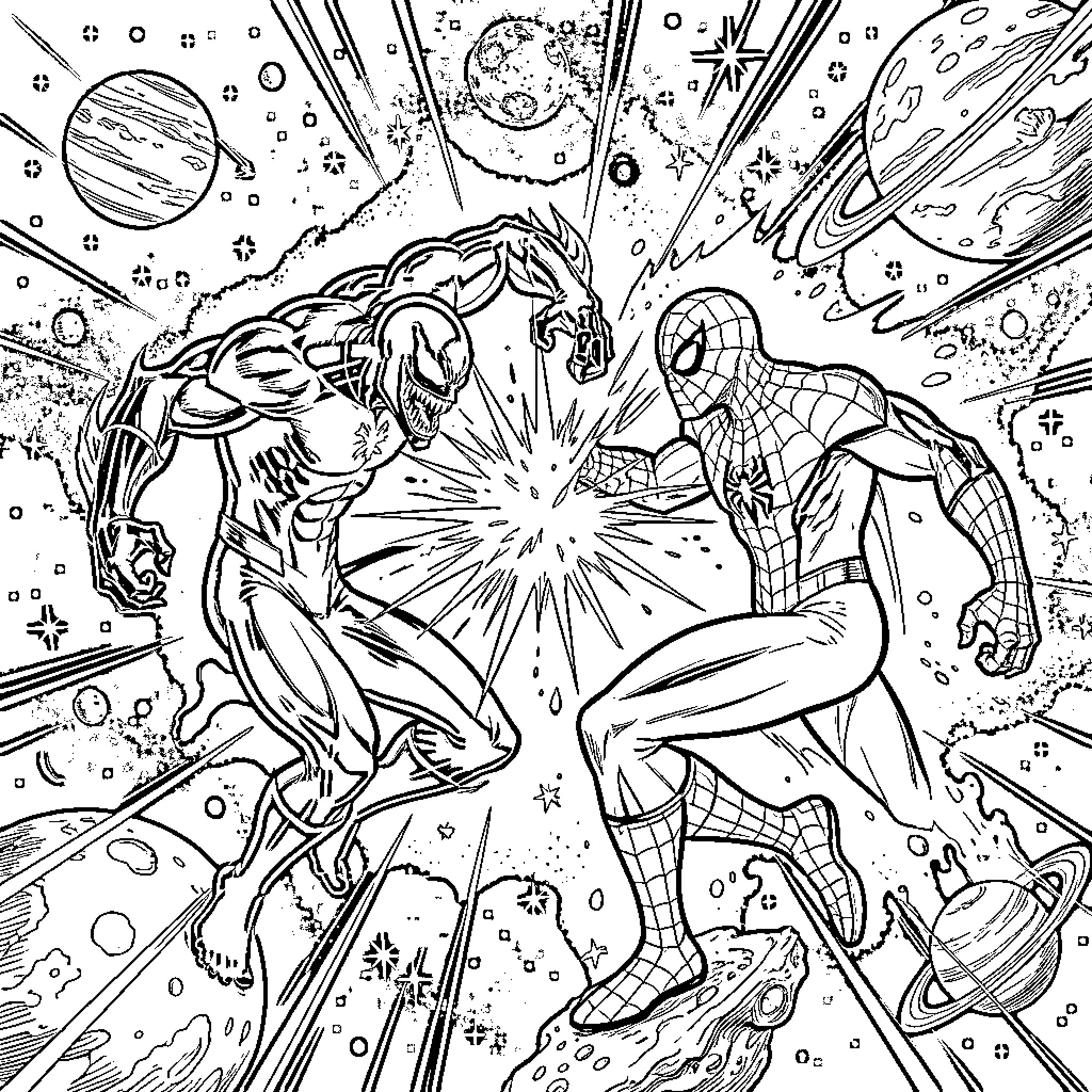 Venom and Spider-Man fighting in deep space Coloring Page (free black-and-white line drawing printable PDF for all, from beginners to advanced learners, including children, teens, adults, and seniors)