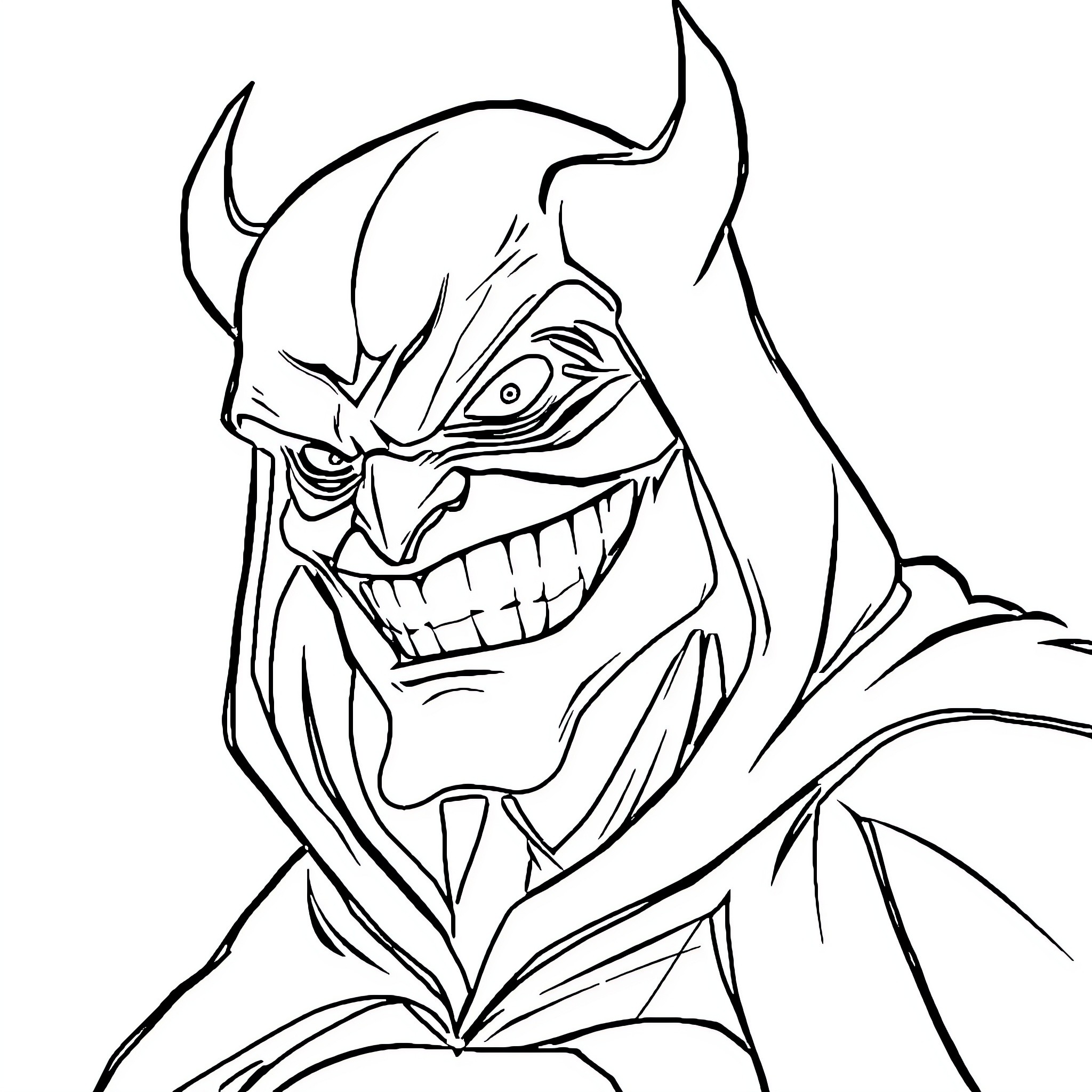 Super Villain with Sinister Grin and Menacing Appearance Coloring Page (free black-and-white line drawing printable PDF for all, from beginners to advanced learners, including children, teens, adults, and seniors)