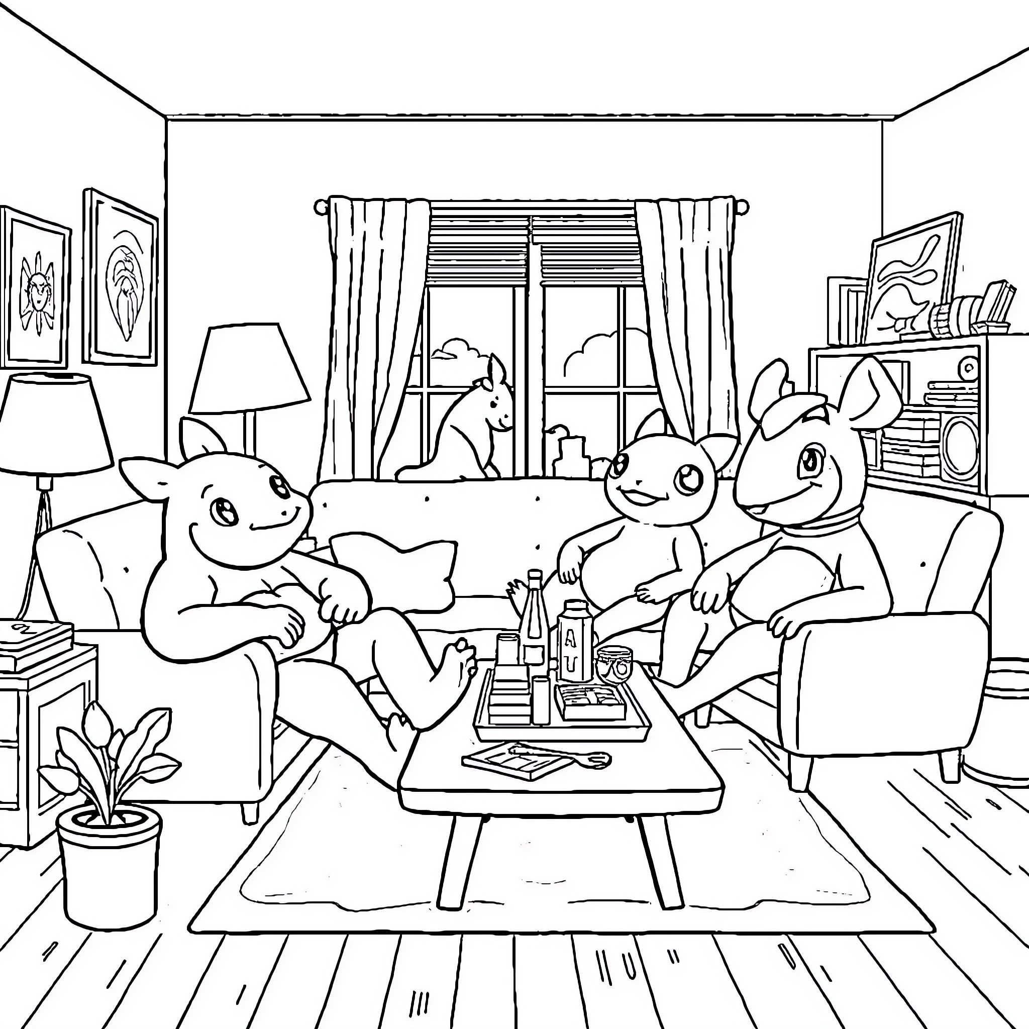 Cacnea relaxing with friends in cozy living room Coloring Page (free black-and-white line drawing printable PDF for all, from beginners to advanced learners, including children, teens, adults, and seniors)
