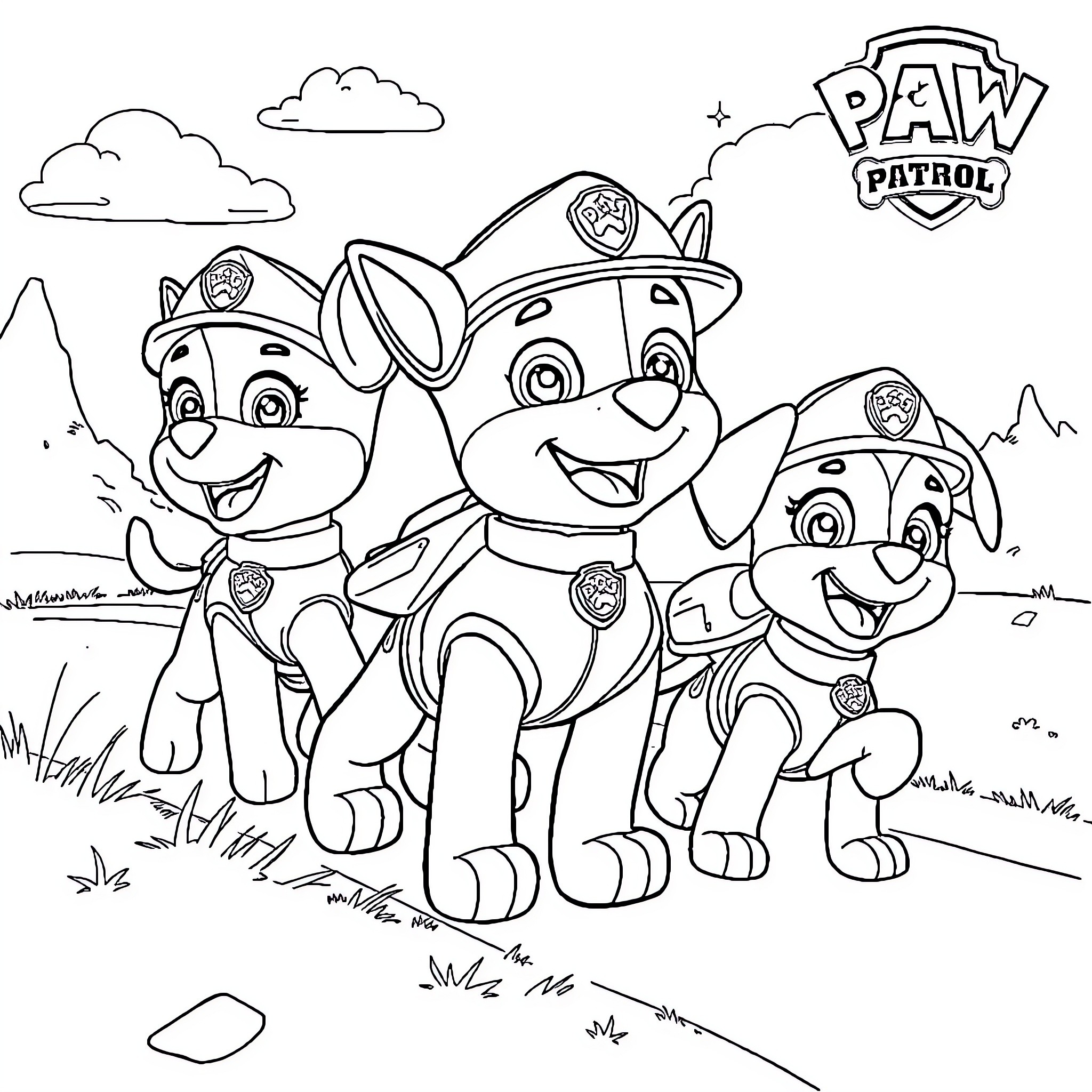 Paw Patrol Pups on Adventure in the Mountains Coloring Page (free black-and-white line drawing printable PDF for all, from beginners to advanced learners, including children, teens, adults, and seniors)