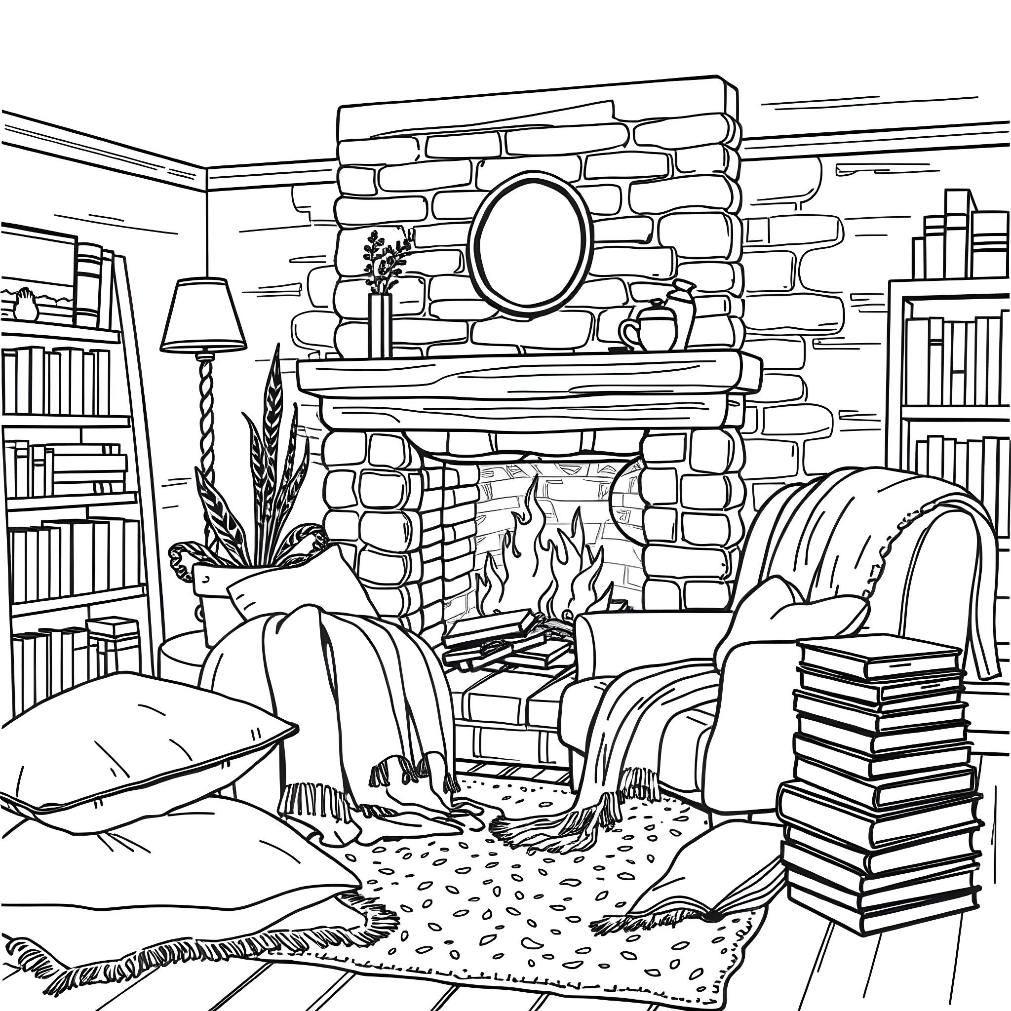 Cozy Vibe of a Cozy Library Nook Coloring Page (free black-and-white line drawing printable PDF for all, from beginners to advanced learners, including children, teens, adults, and seniors)