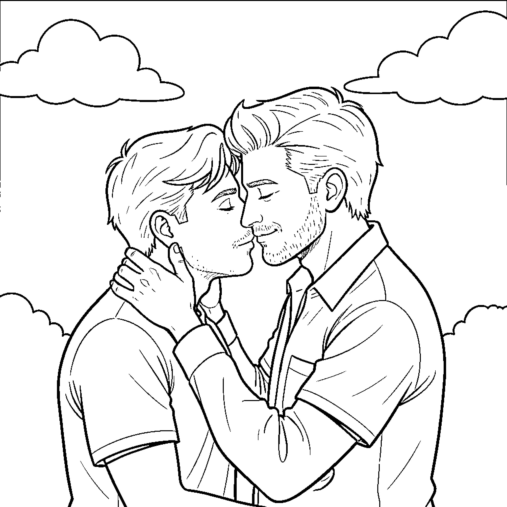 Man and partner in loving embrace Coloring Page (free black-and-white line drawing printable PDF for all, from beginners to advanced learners, including children, teens, adults, and seniors)