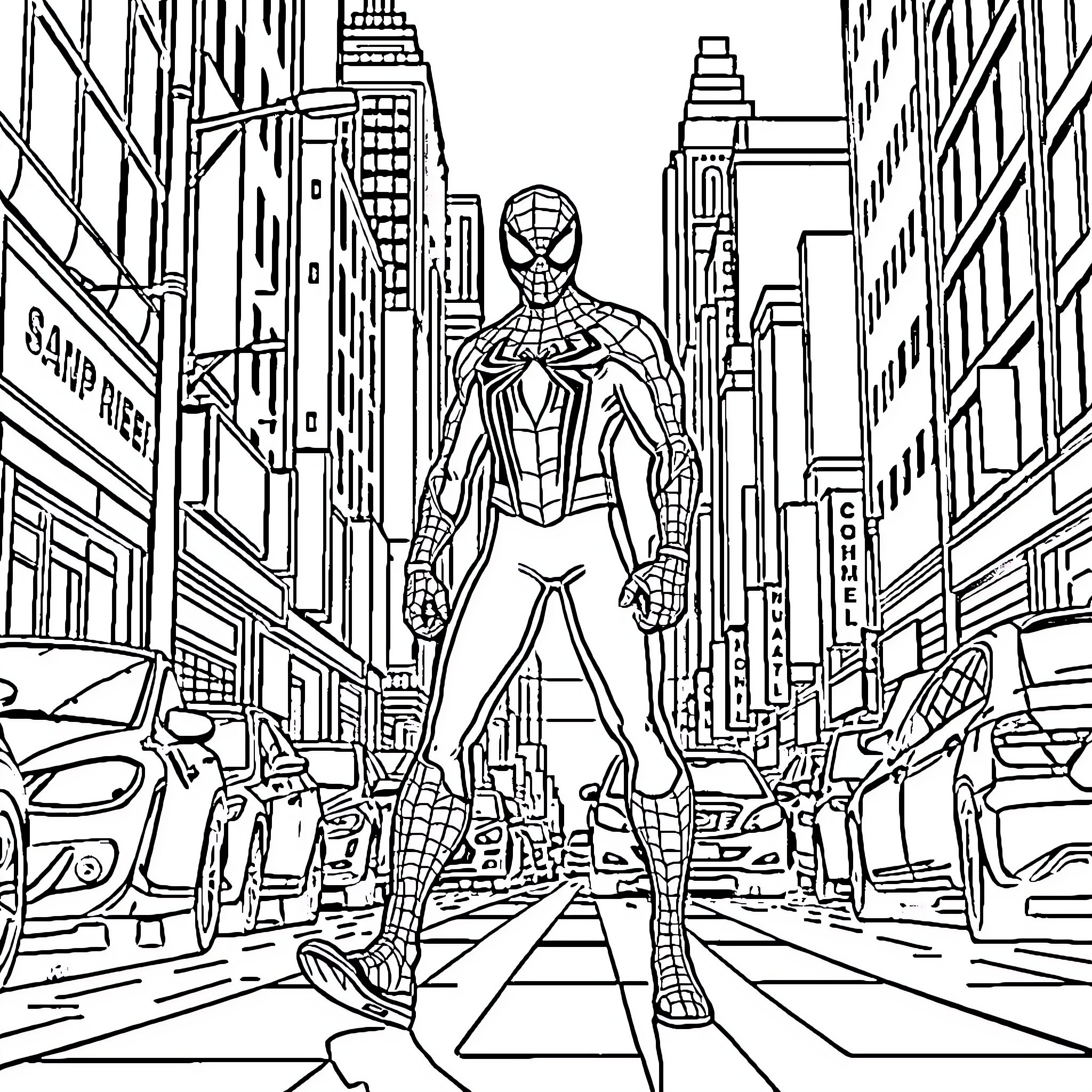 Spider-Man swinging through the city streets Coloring Page (free black-and-white line drawing printable PDF for all, from beginners to advanced learners, including children, teens, adults, and seniors)