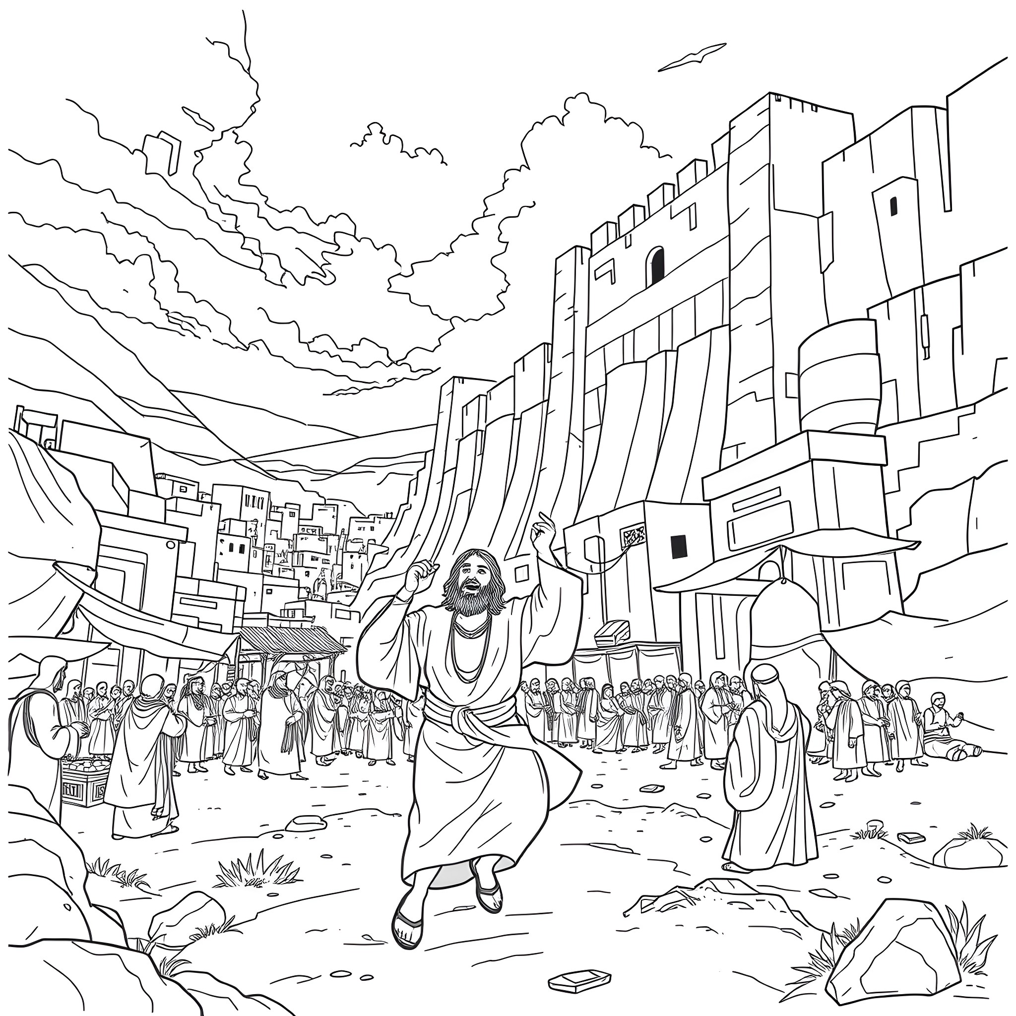 Jonah running towards the city with a crowd Coloring Page (free black-and-white line drawing printable PDF for all, from beginners to advanced learners, including children, teens, adults, and seniors)