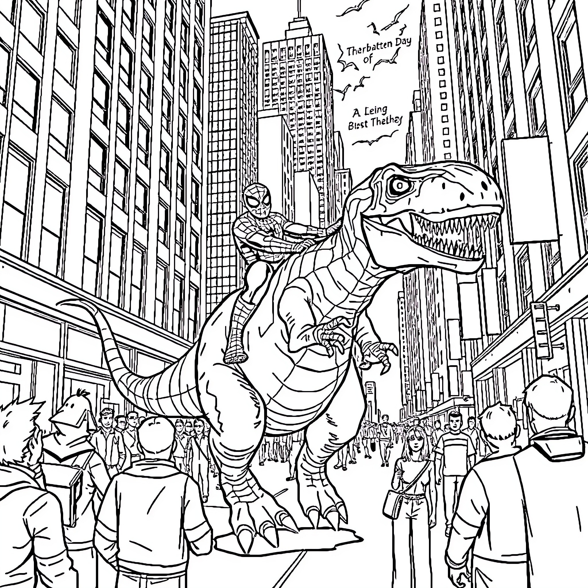Spiderman rides giant dinosaur balloon in city parade Coloring Page (free black-and-white line drawing printable PDF for all, from beginners to advanced learners, including children, teens, adults, and seniors)
