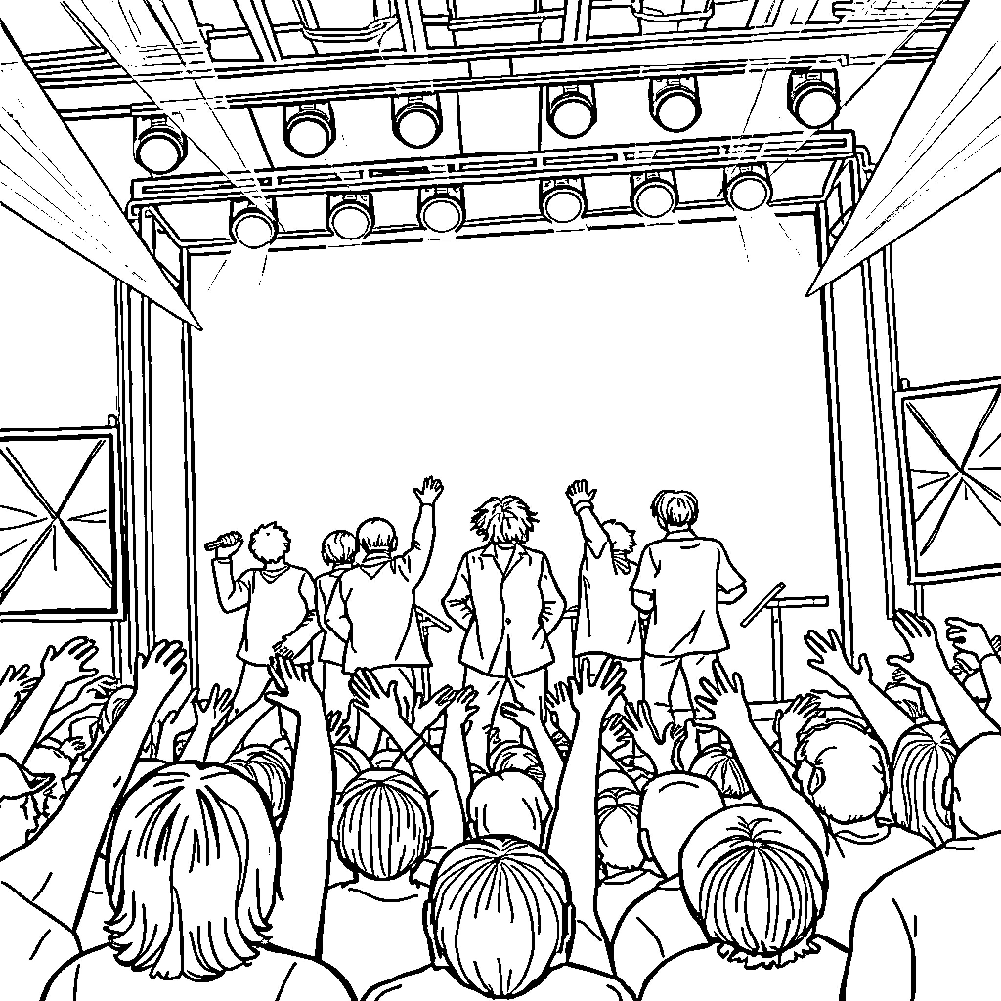 BTS Performing on Stage with Enthusiastic Fans Coloring Page (free black-and-white line drawing printable PDF for all, from beginners to advanced learners, including children, teens, adults, and seniors)