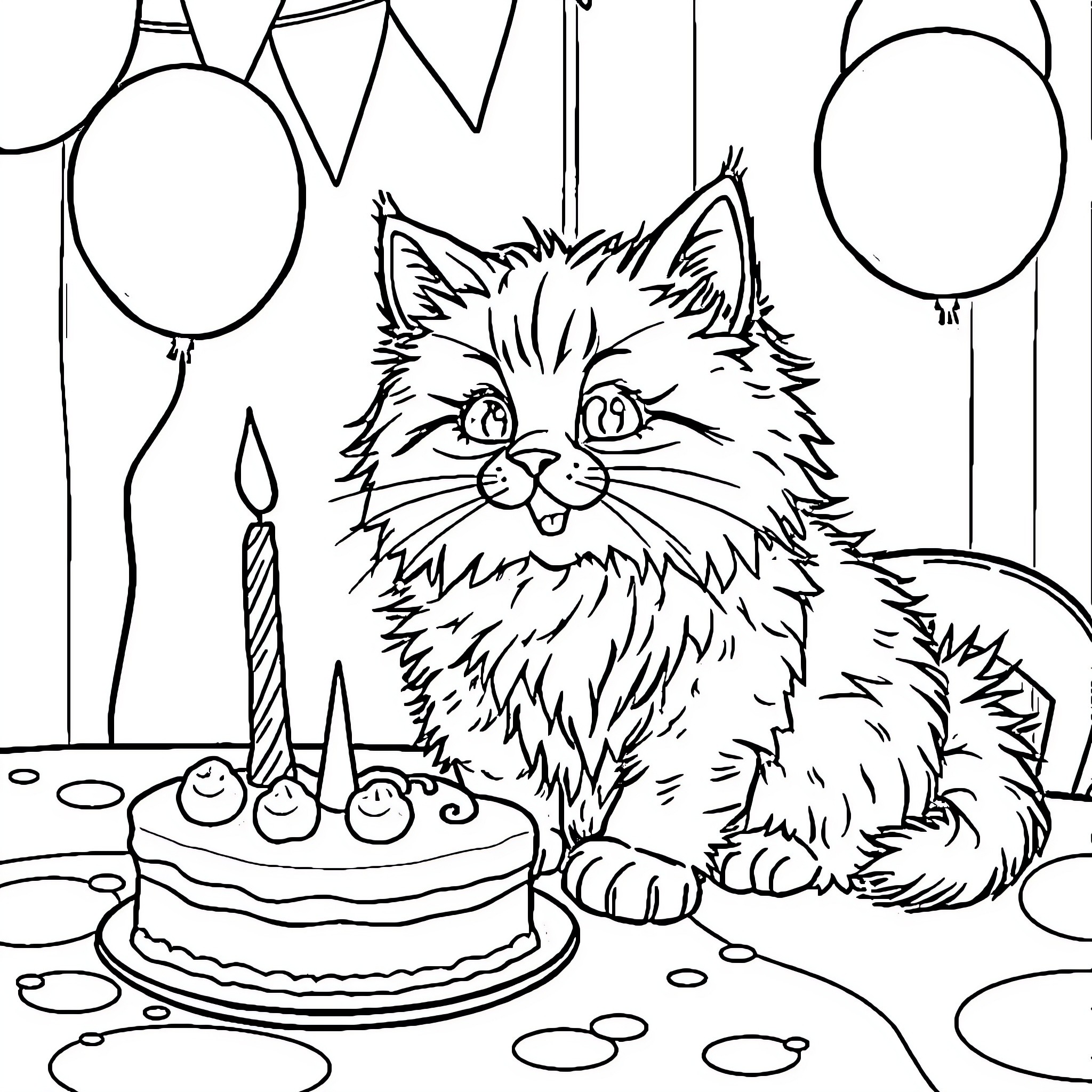 Cat celebrating birthday with cake and balloons Coloring Page (free black-and-white line drawing printable PDF for all, from beginners to advanced learners, including children, teens, adults, and seniors)