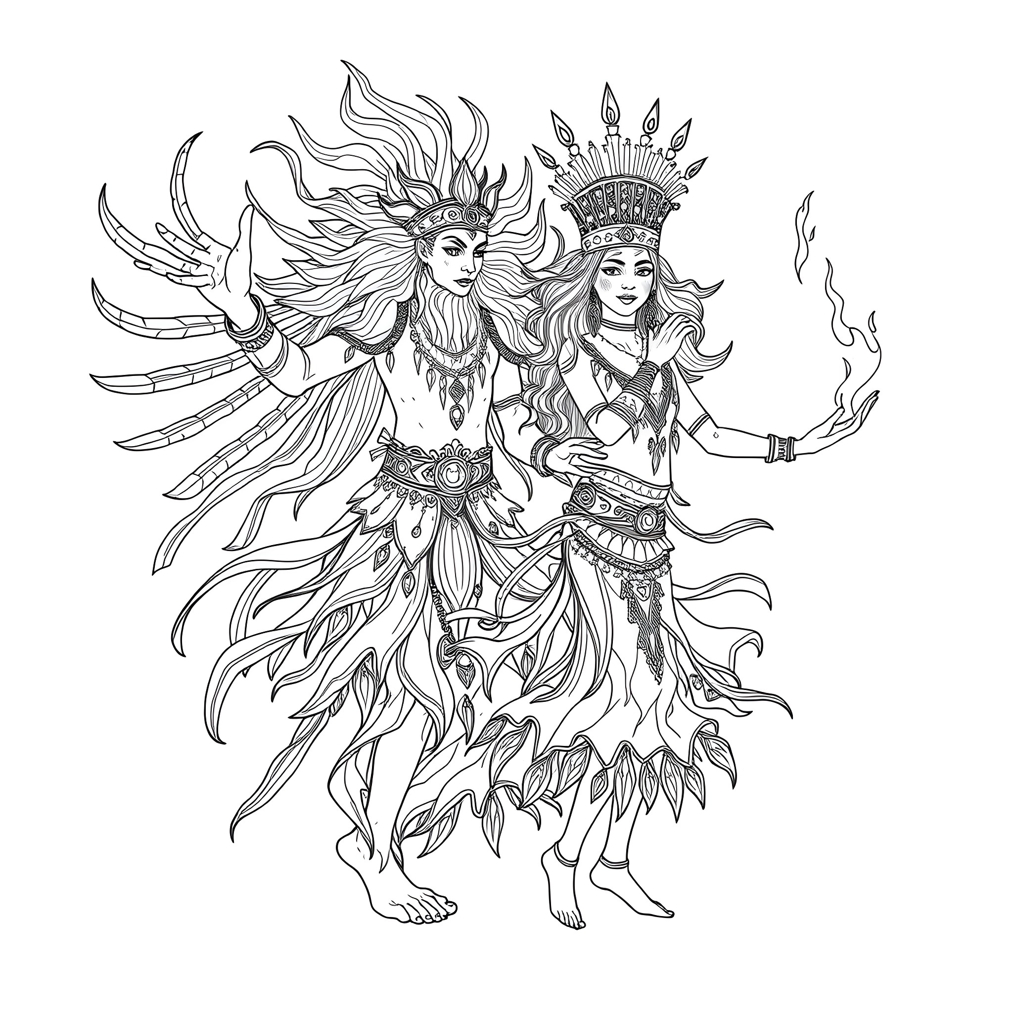 Spirit of Tribal Dancers in Ceremonial Attire Coloring Page (free black-and-white line drawing printable PDF for all, from beginners to advanced learners, including children, teens, adults, and seniors)