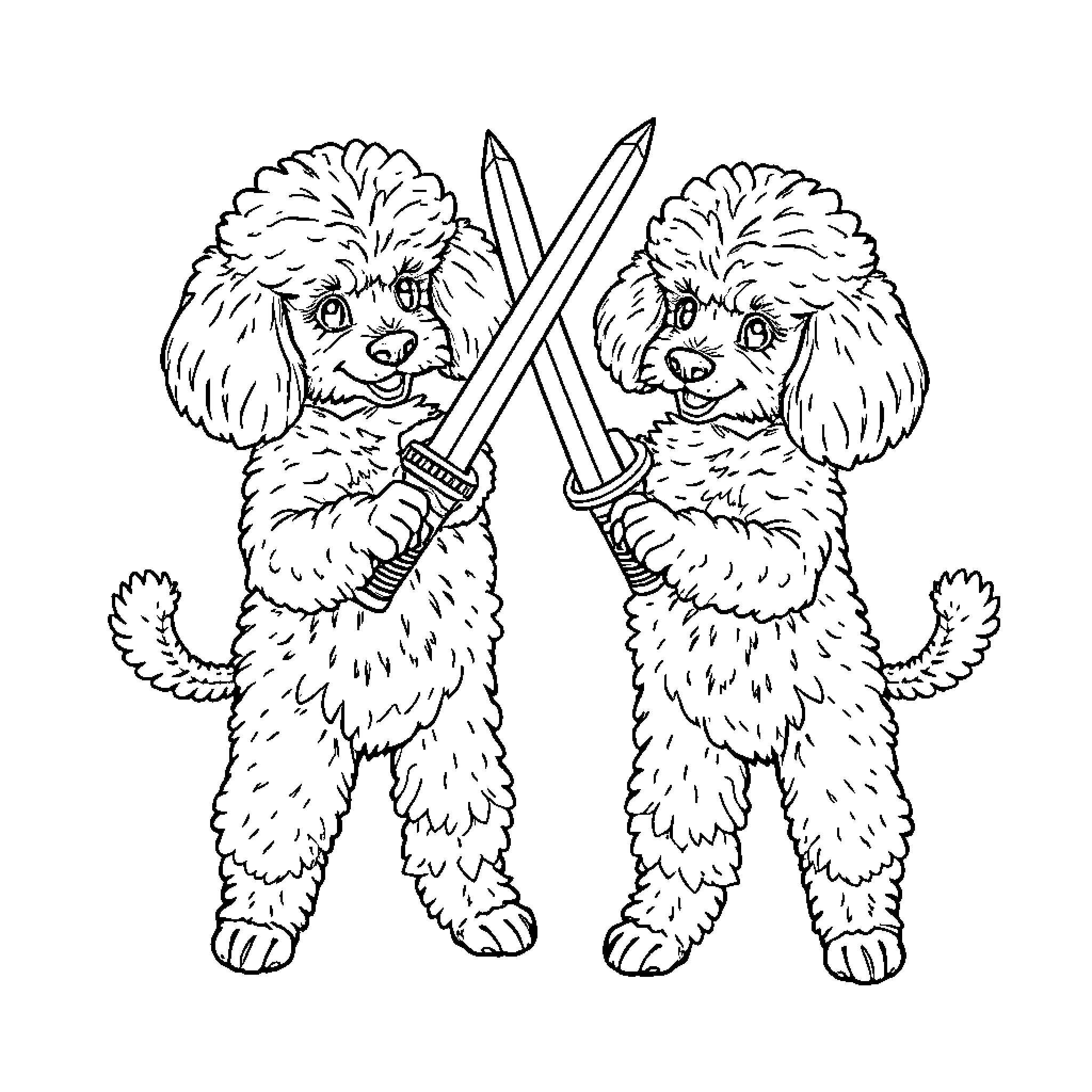Poodle Pups Wielding Swords Playfully Coloring Page (free black-and-white line drawing printable PDF for all, from beginners to advanced learners, including children, teens, adults, and seniors)